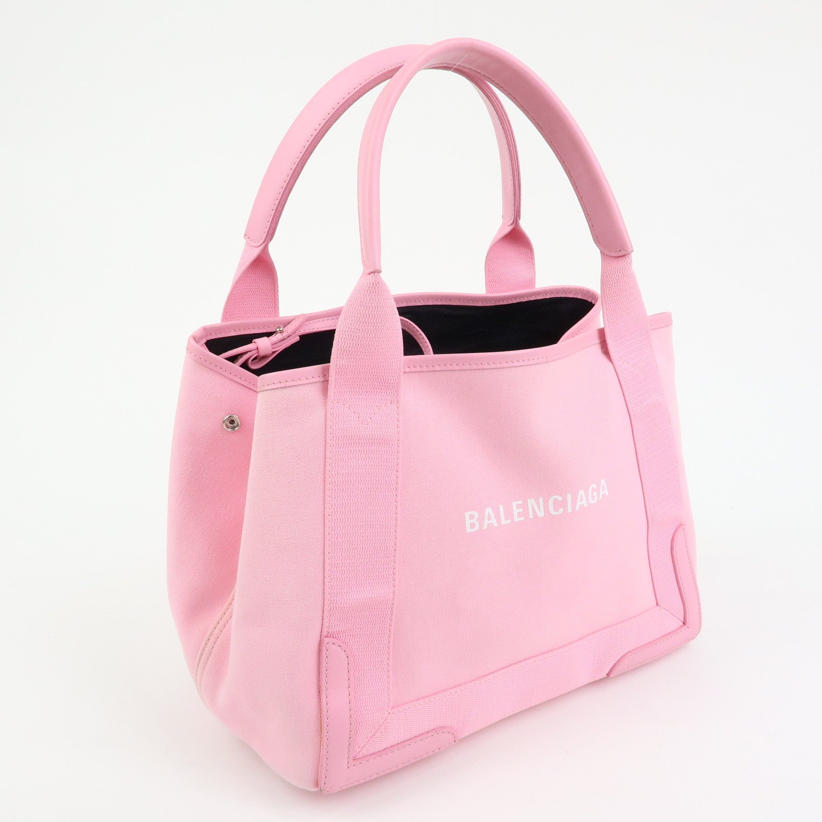BALENCIAGA Navy Cabas Canvas Leather Small Tote Hand Bag Pink 339933