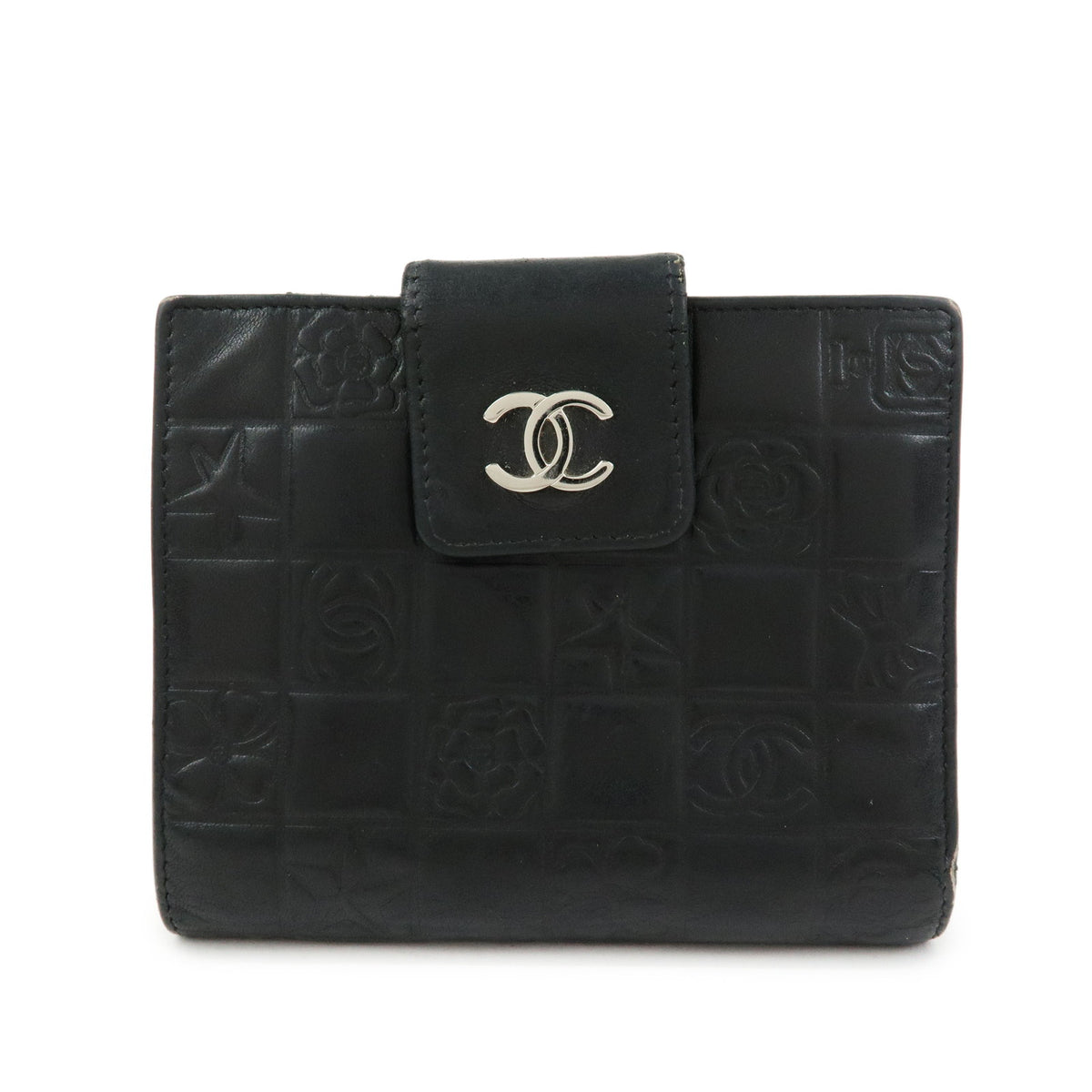 CHANEL Icon Line COCO Mark Lamb Skin W Hook Compact Wallet Black