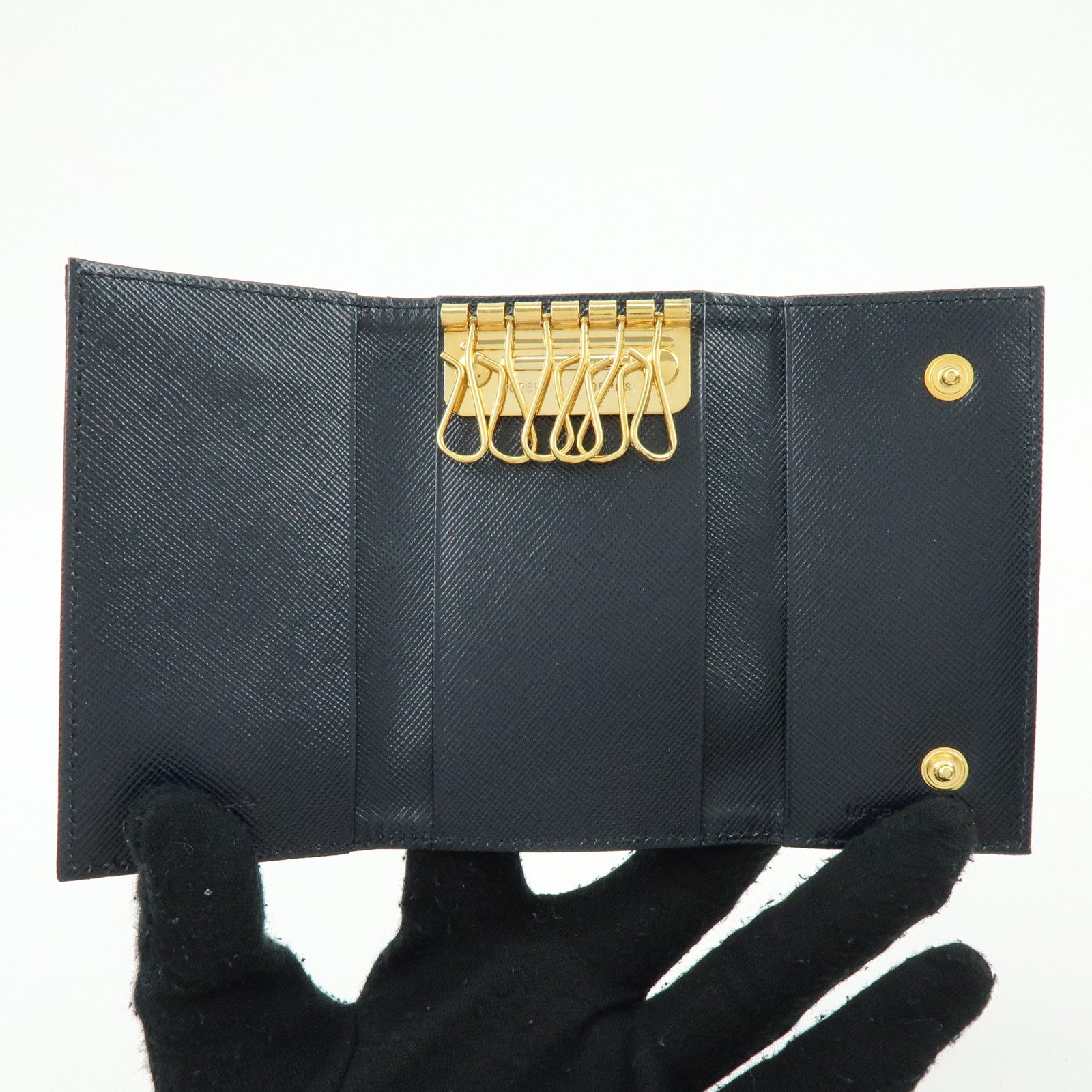 PRADA Triangle Logo Nylon Saffiano Leather Key Case Black 1M0222