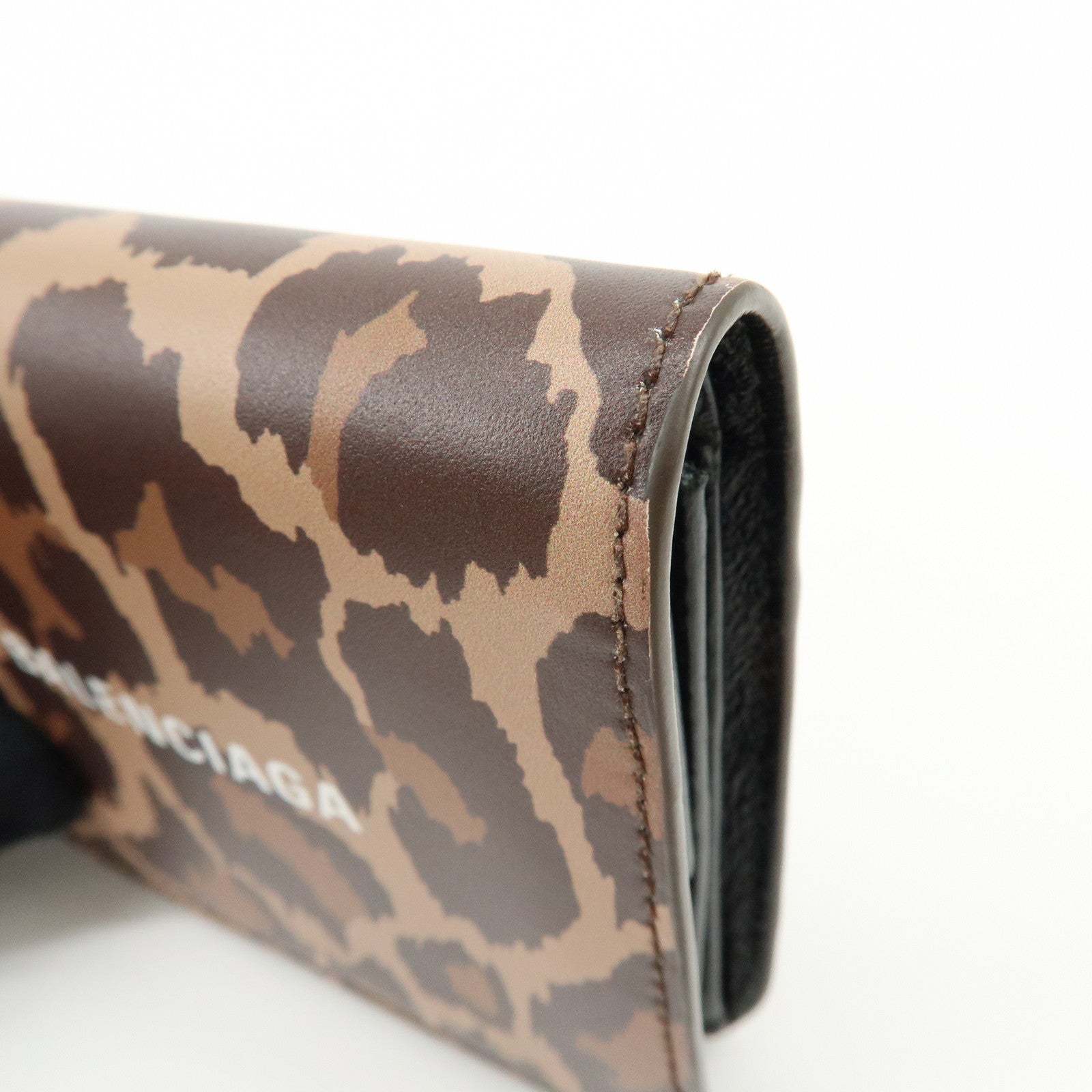 Balenciaga Leather Bi-Fold Compact Wallet Leopard Motif Brown