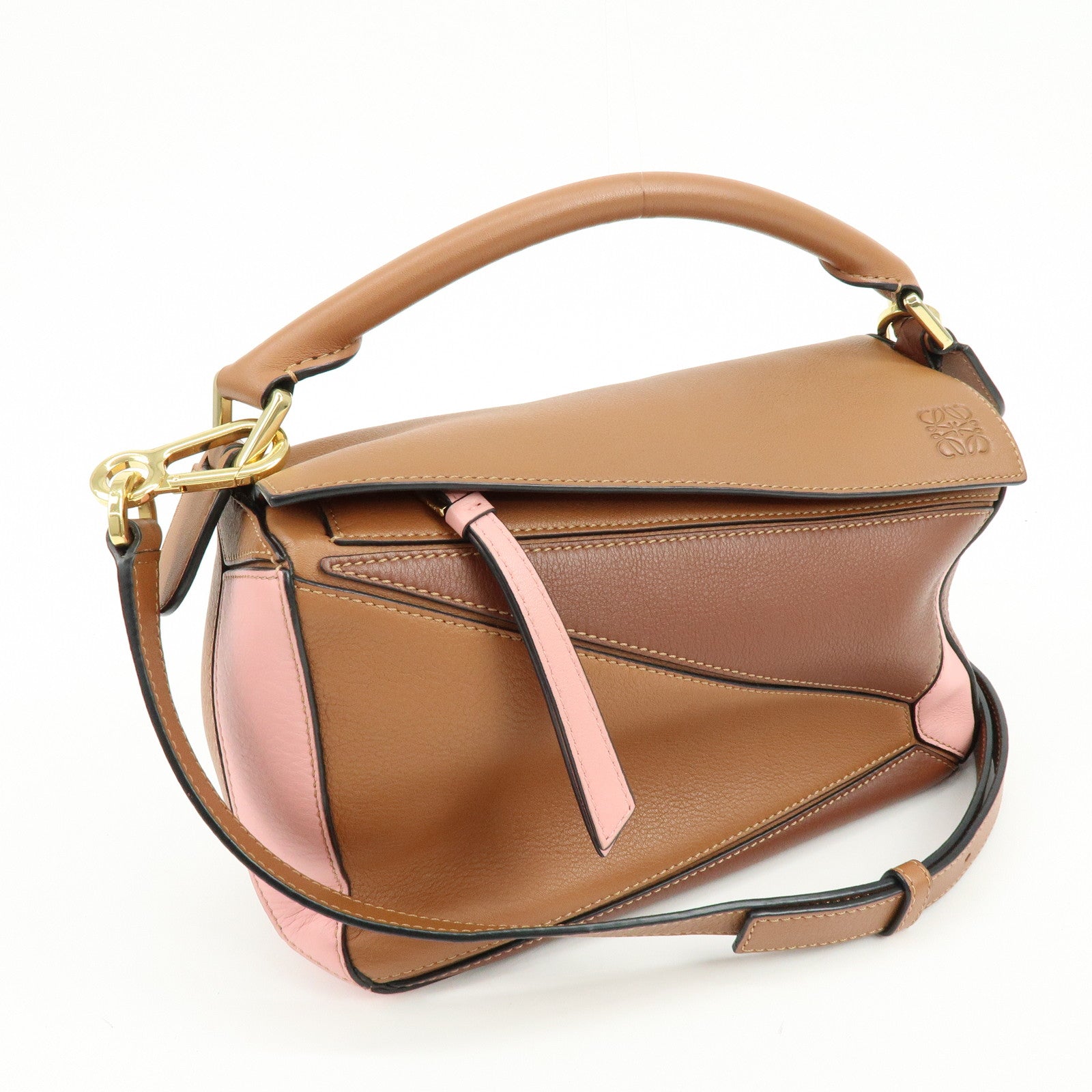 LOEWE Puzzle Bag Anagram Calf Skin Medium 2Way Bag Brown Pink Camel