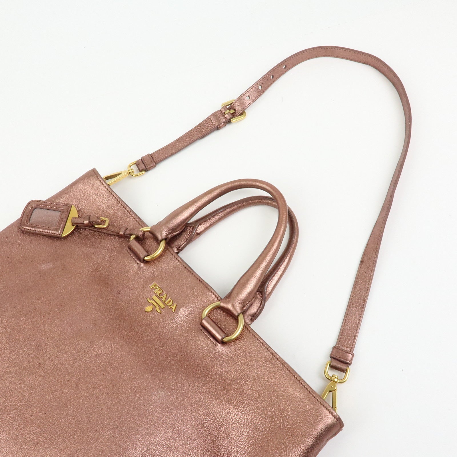 PRADA Vitello Daino Leather 2Way Tote Shoulder Bag Metallic Pink BN1713