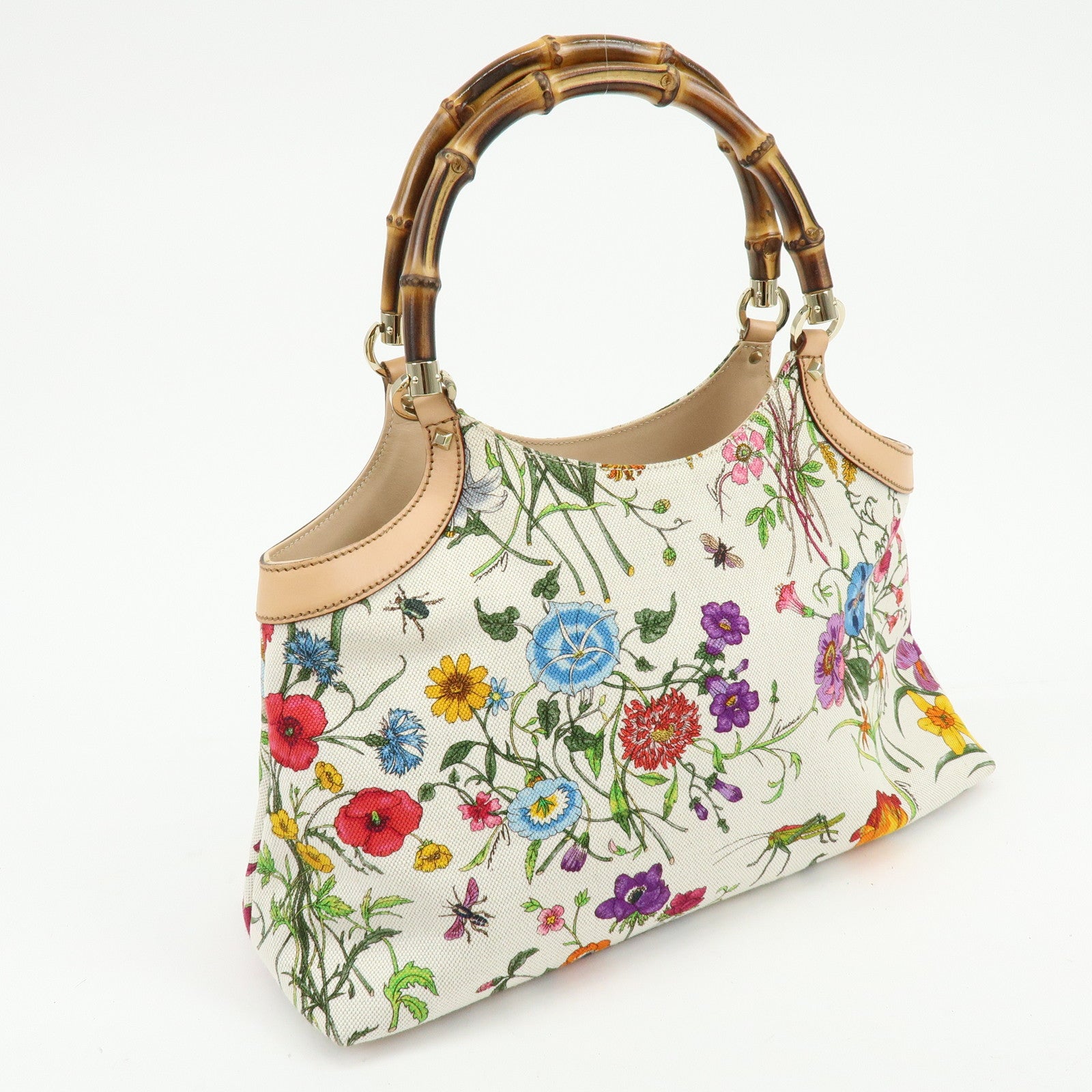 GUCCI Bamboo Flora Canvas Leather Hand Bag Multicolor Beige 137395