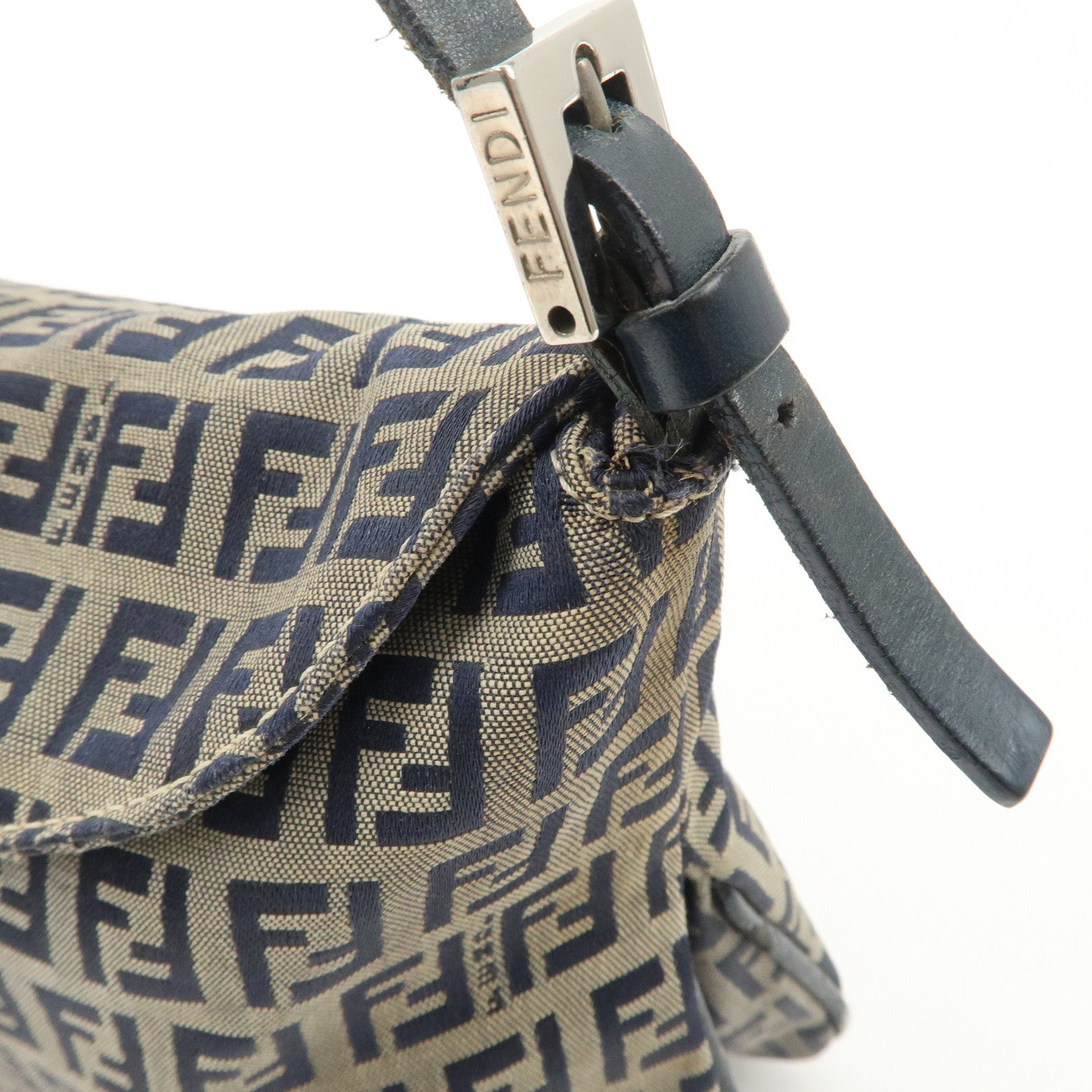 FENDI Zucchino Canvas Leather Shoulder Bag Hand Bag Grey Navy 26796 Used