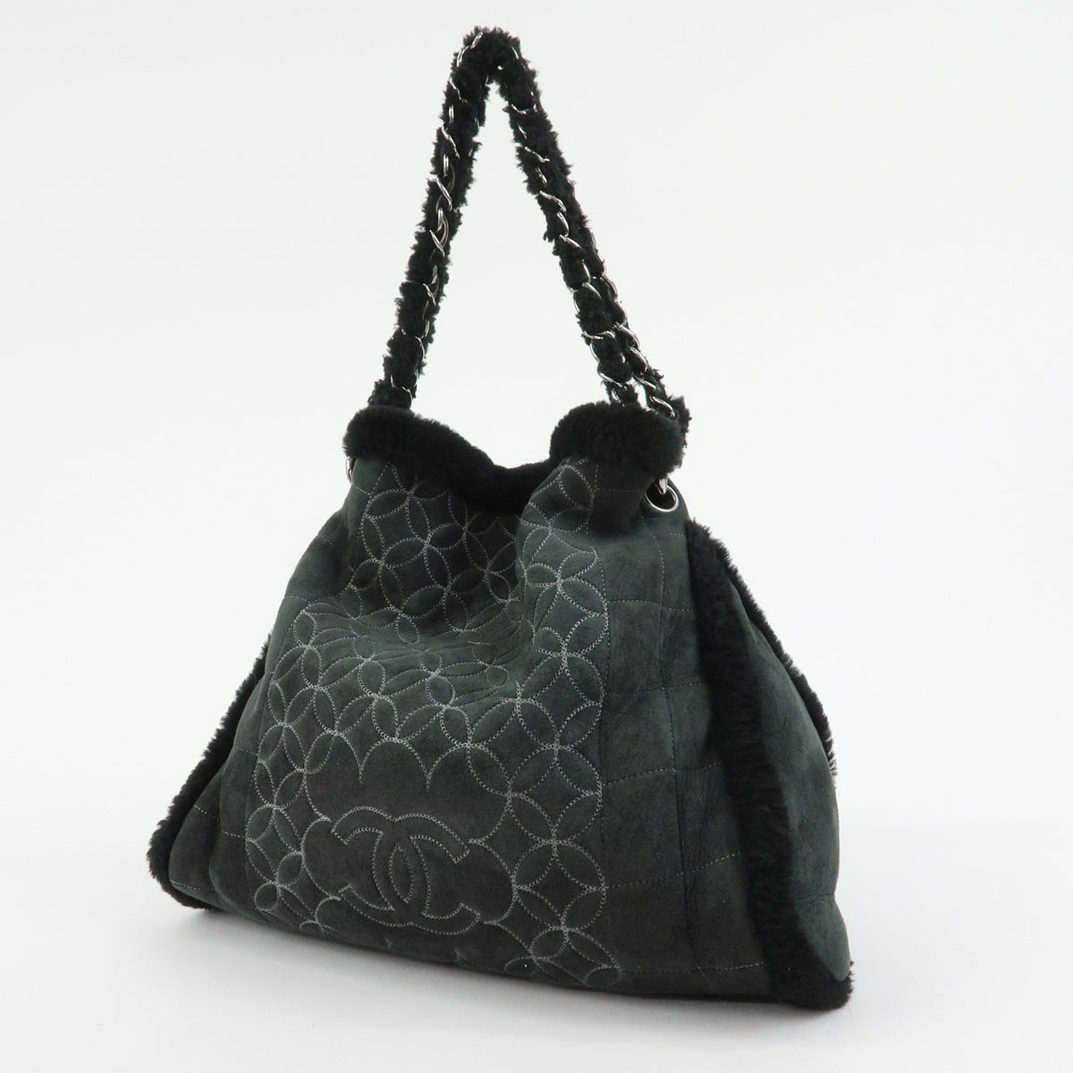 CHANEL Camellia COCO Mark Mouton Suede Chain Shoulder Bag Black