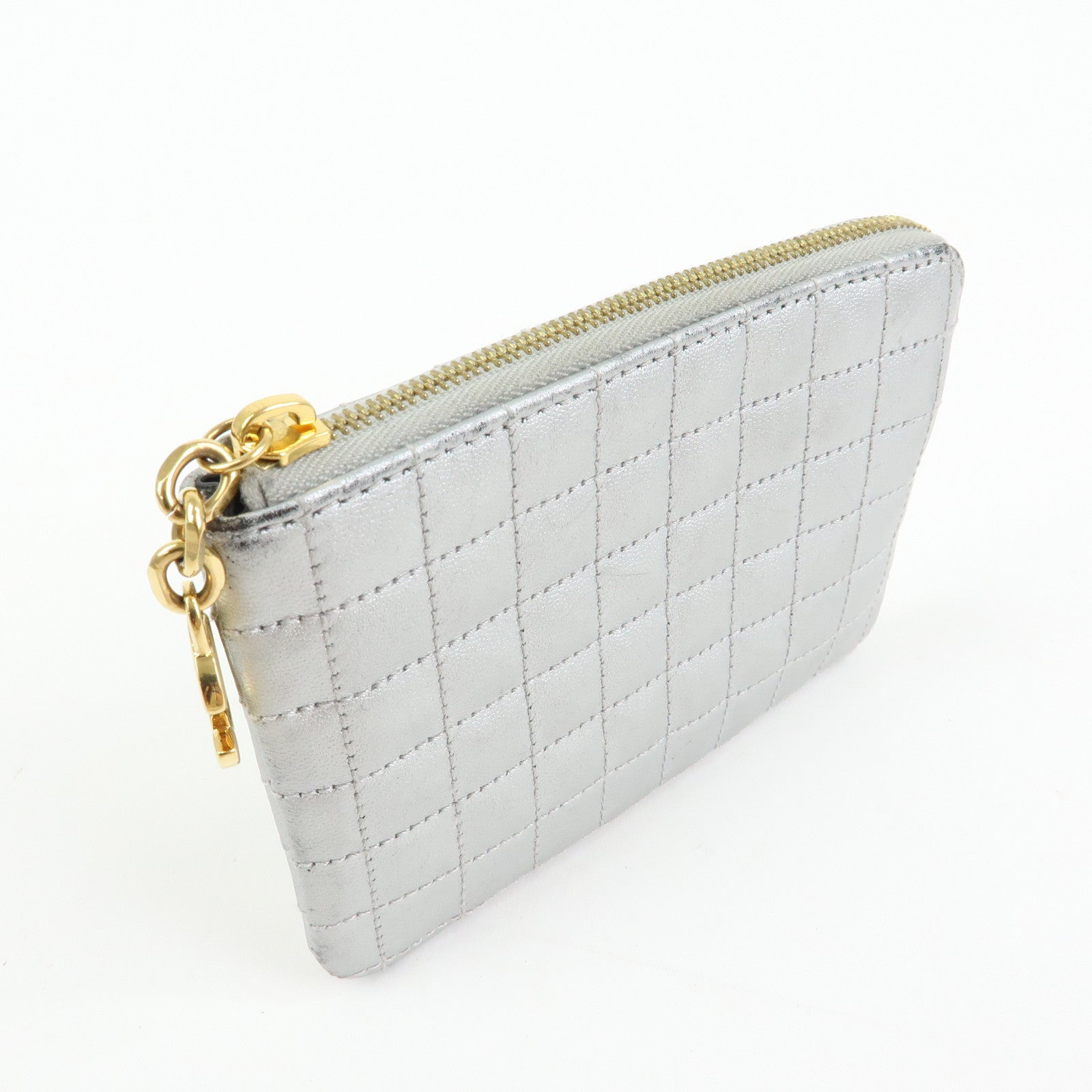 CELINE Leather C Charm Coin Case Coin Purse Metallic Silver