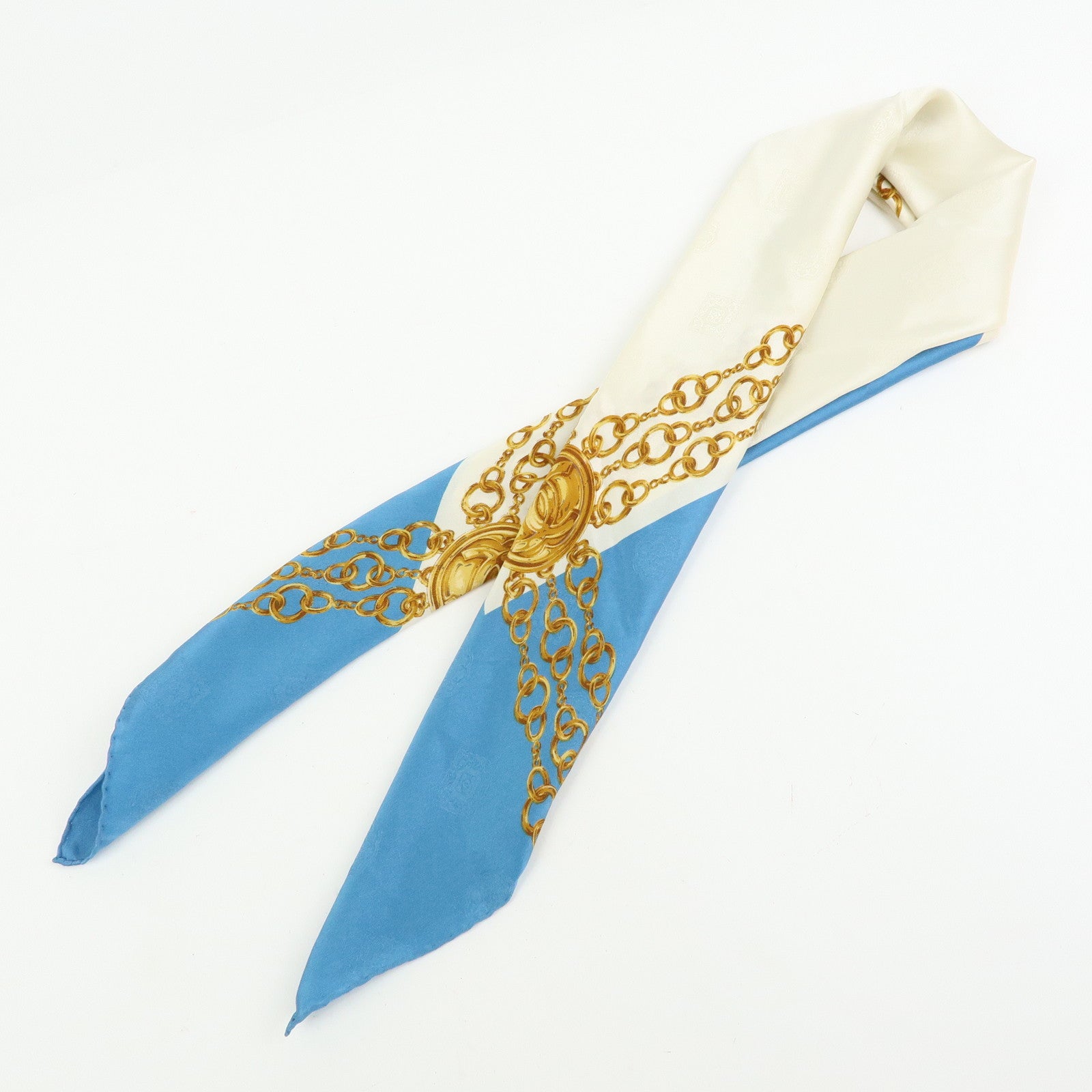 CHANEL Silk 100% Scarf  Gold Chain Motif Light Blue White