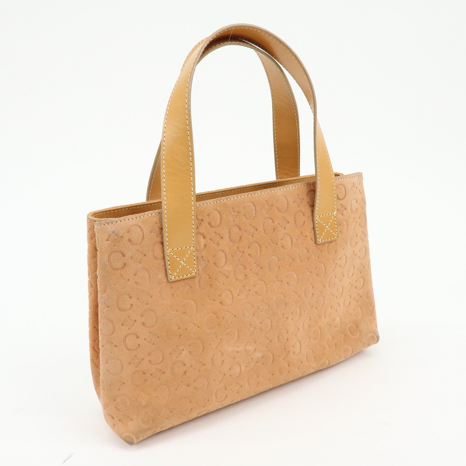 CELINE C Macadam Suede Leather Hand Bag Tote Bag Orange Beige