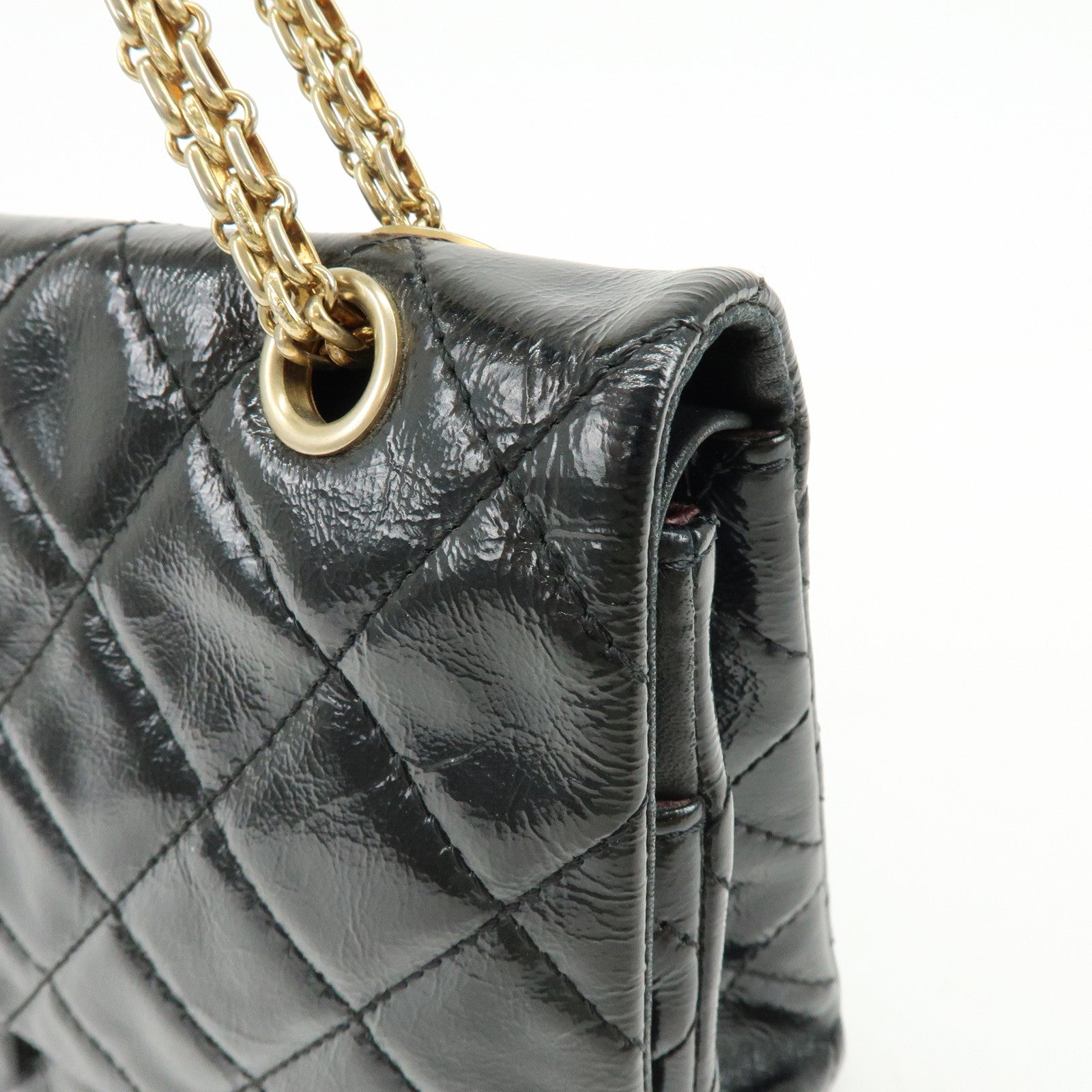 CHANEL 2.55 Patent Leather Chain Shoulder Bag Turn Lock Black