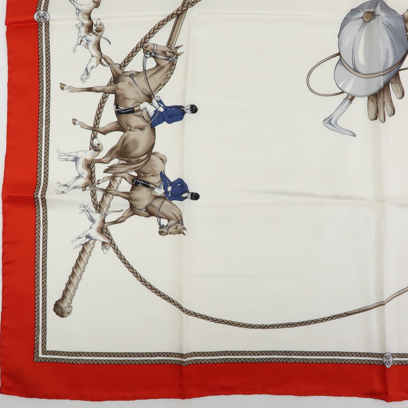 CELINE Silk 100% Scarf Hunting Hounds Horseback Riders Red White