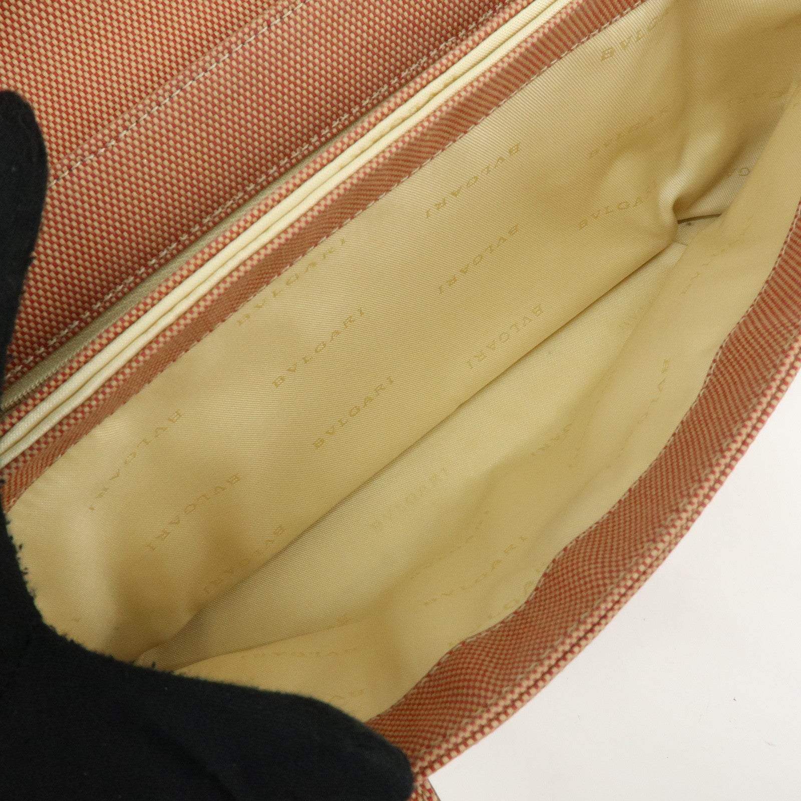 BVLGARI Canvas Leather Flap Shoulder Bag Hand Bag Beige Red