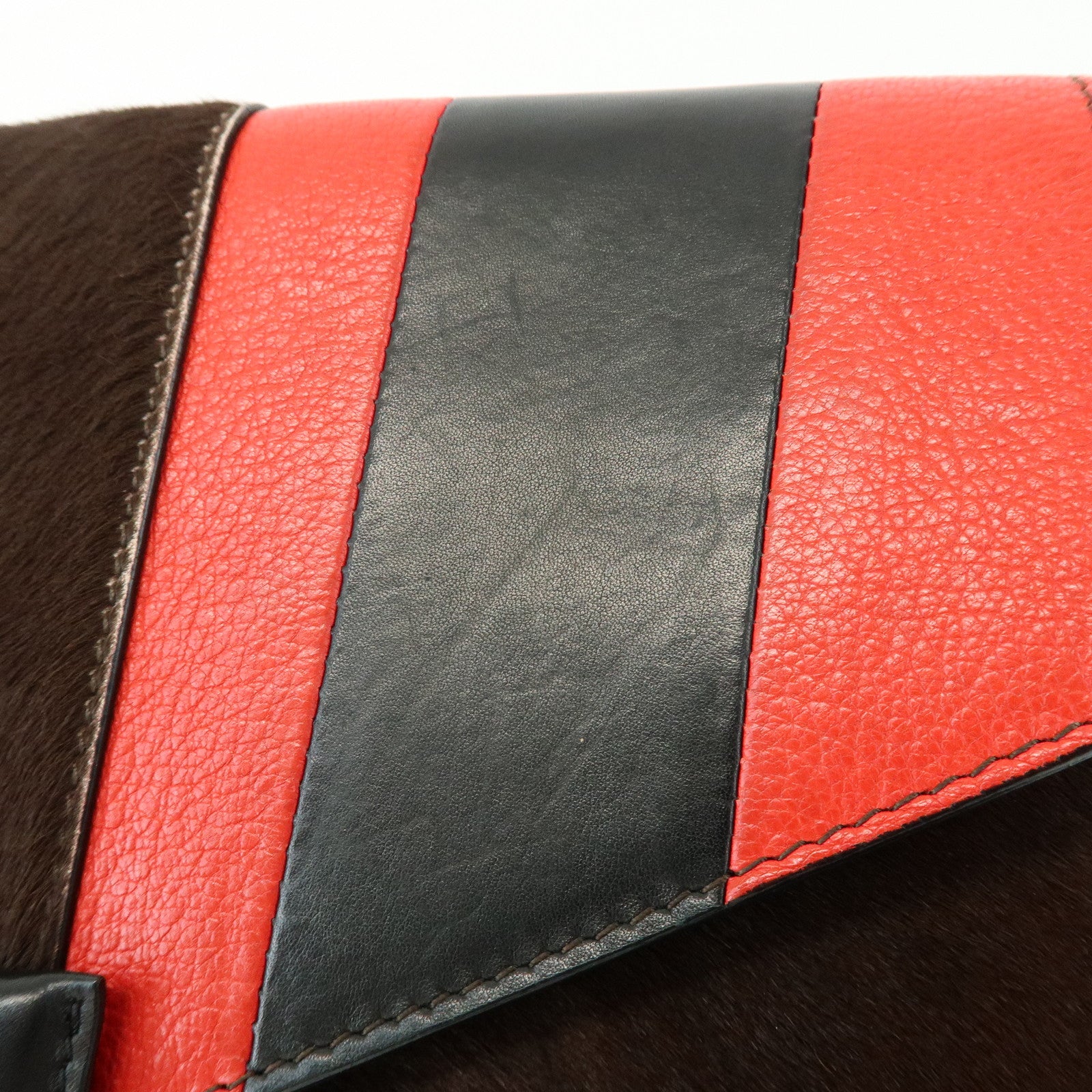 GIVENCHY Pony Hair Leather Clutch Bag Flat Pouch Brown Red TE0142