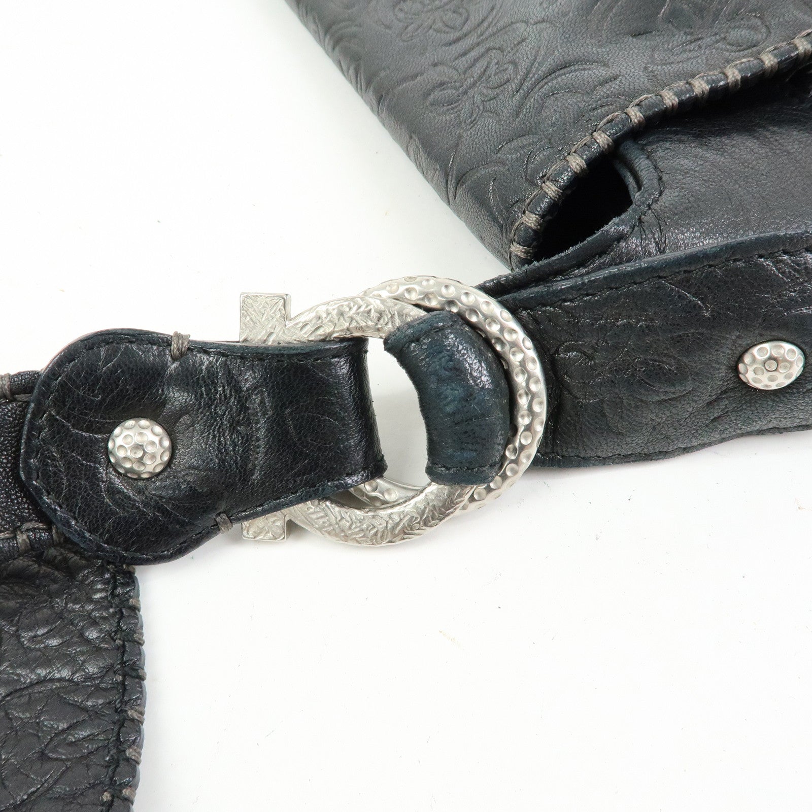 Ferragamo Gancini Embossed Flower Leather Shoulder Bag Black