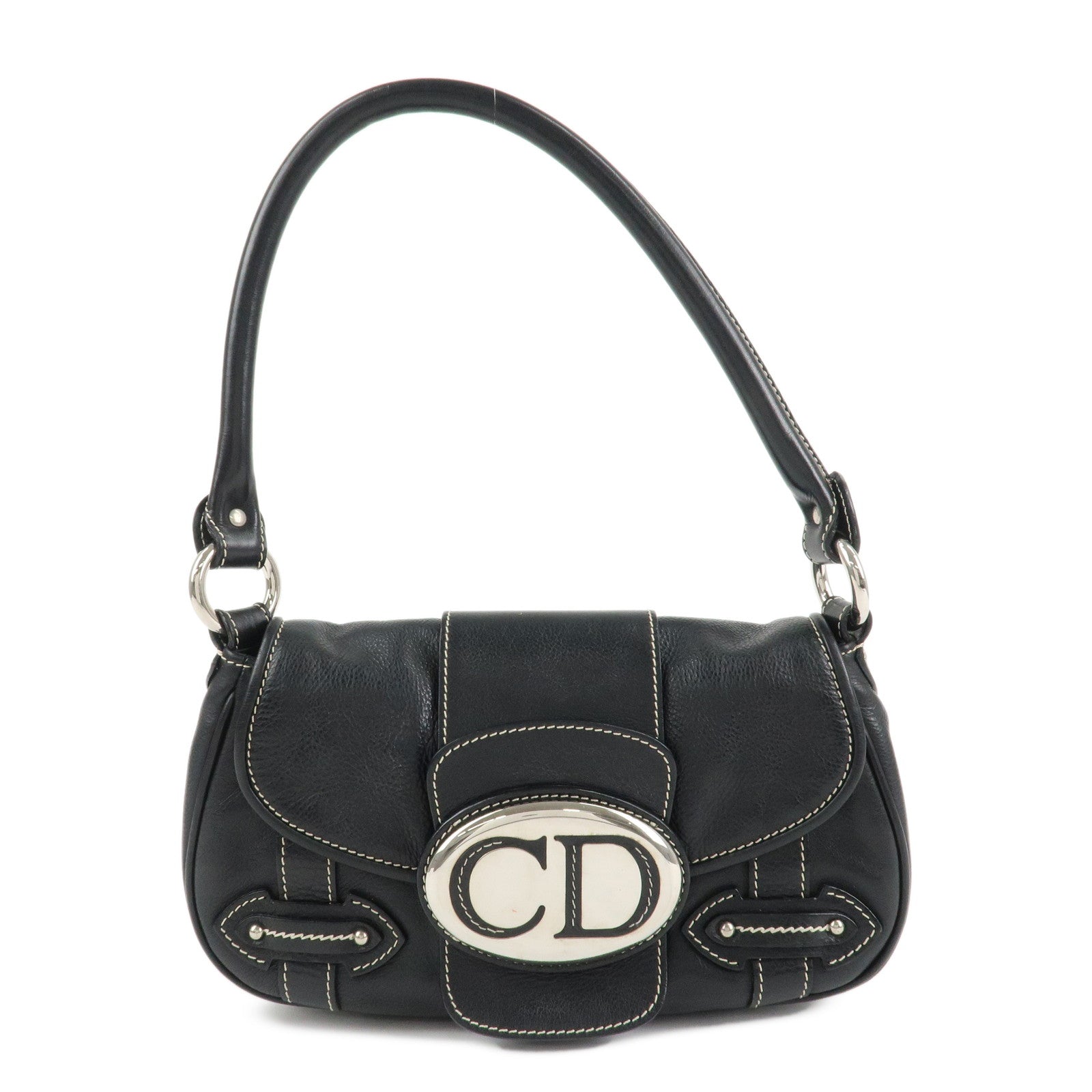 Christian Dior CD Logo Leather Shoulder Bag Hand Bag Black Used