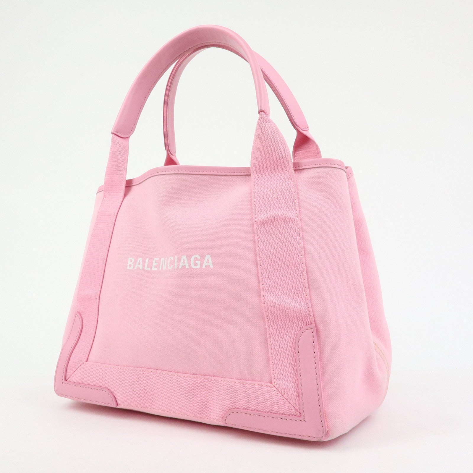BALENCIAGA Navy Cabas Canvas Leather Small Tote Hand Bag Pink 339933