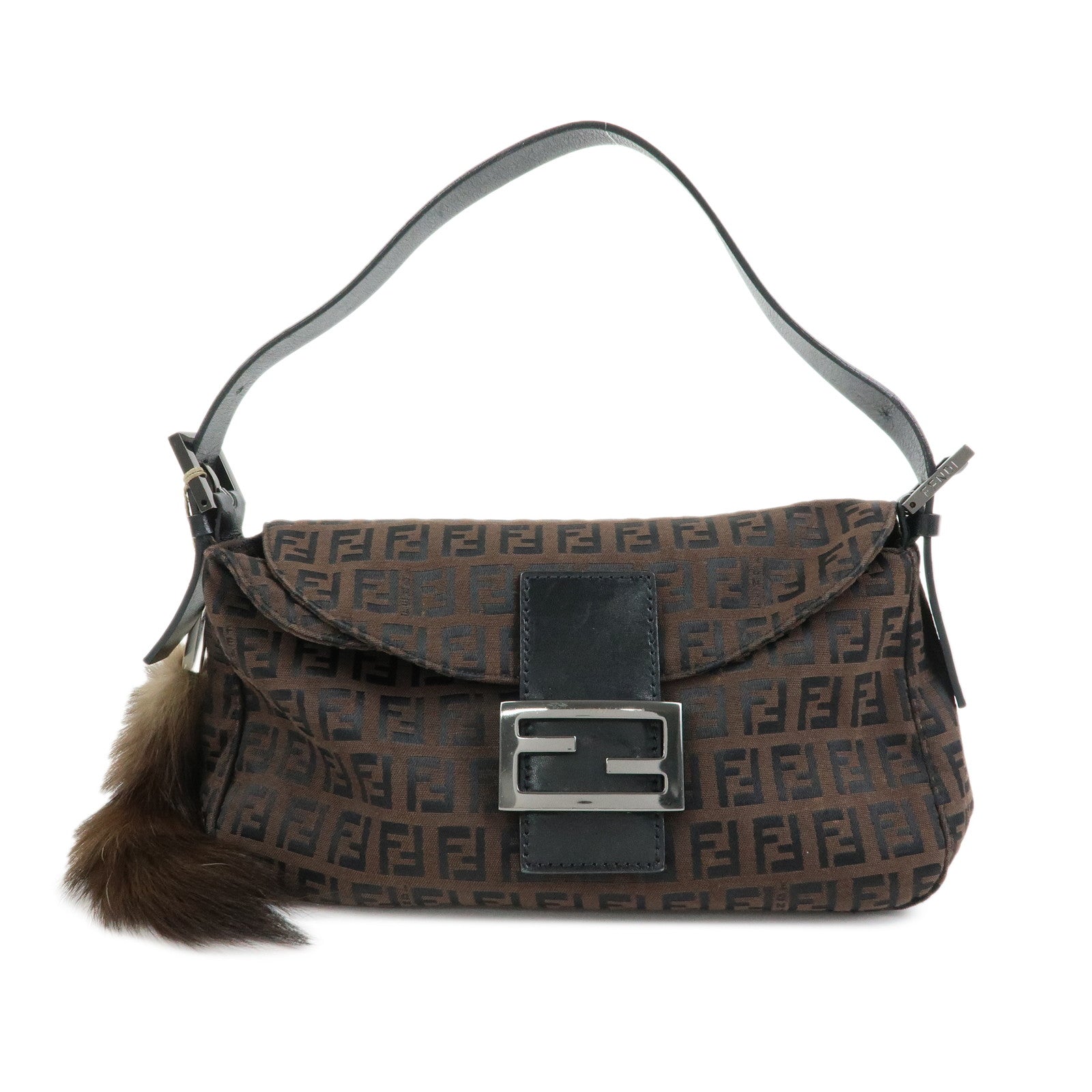 FENDI Zucchino Canvas Leather Shoulder Bag Hand Bag Brown Black 8BN003