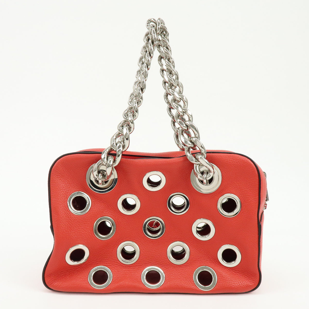 PRADA Grommet Vitello Daino Leather Tote Bag Hand Bag Red 1BB017
