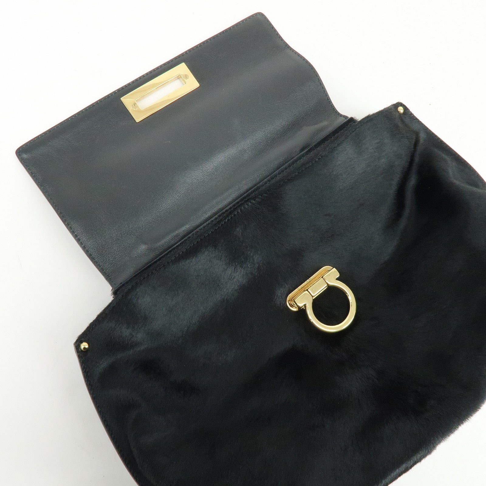 Ferragamo Gancini Unborn Calf Leather 2Way Bag Top Handle Bag Black