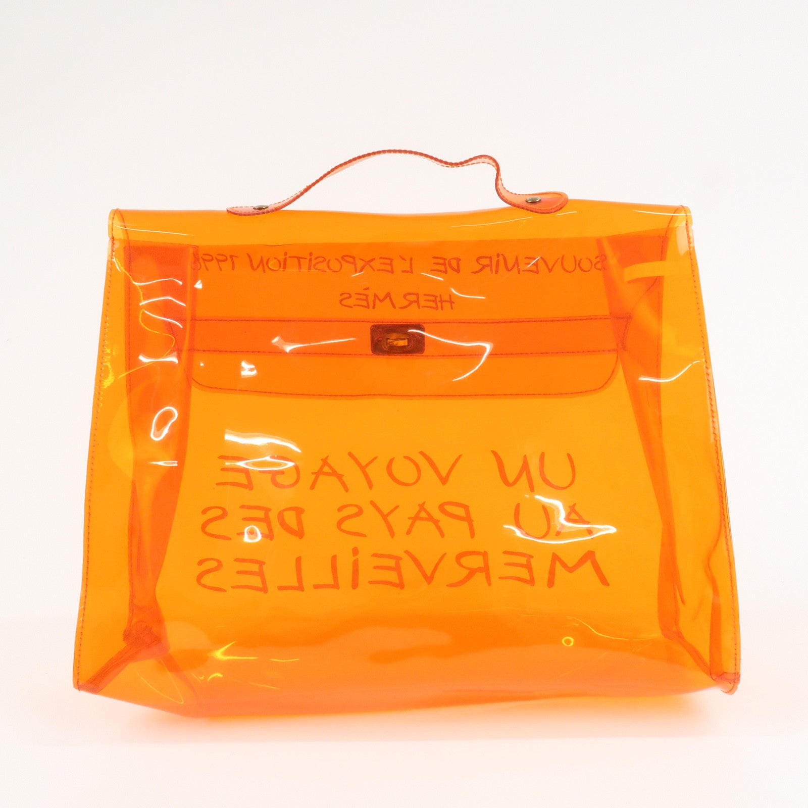 HERMES Vinyl Kelly Hand Bag Clear Orange Gold Hardware Used