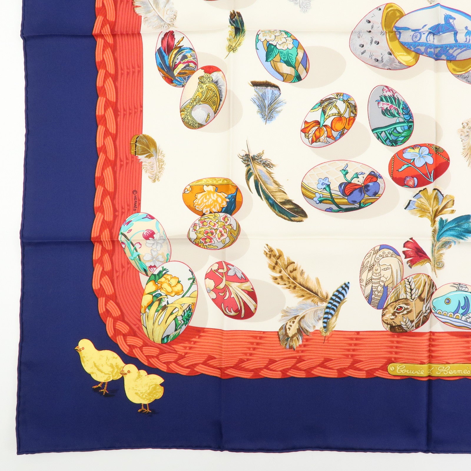 HERMES Carre 90 Silk 100% Scarf COUVEE D HERMES Blue Red White