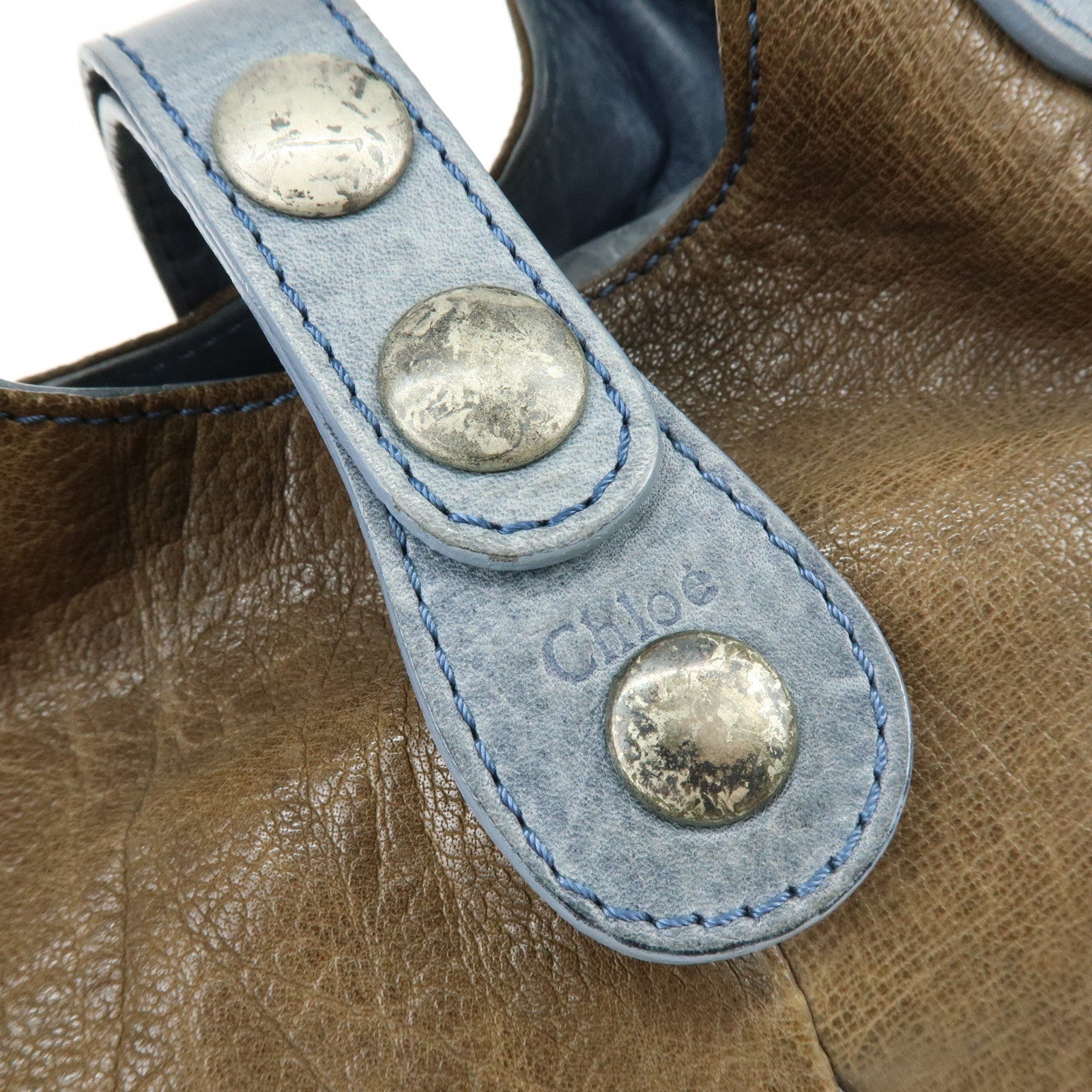 Chloe Silverado Leather Hand Bag Tote Bag Blaided Studs Brown Blue