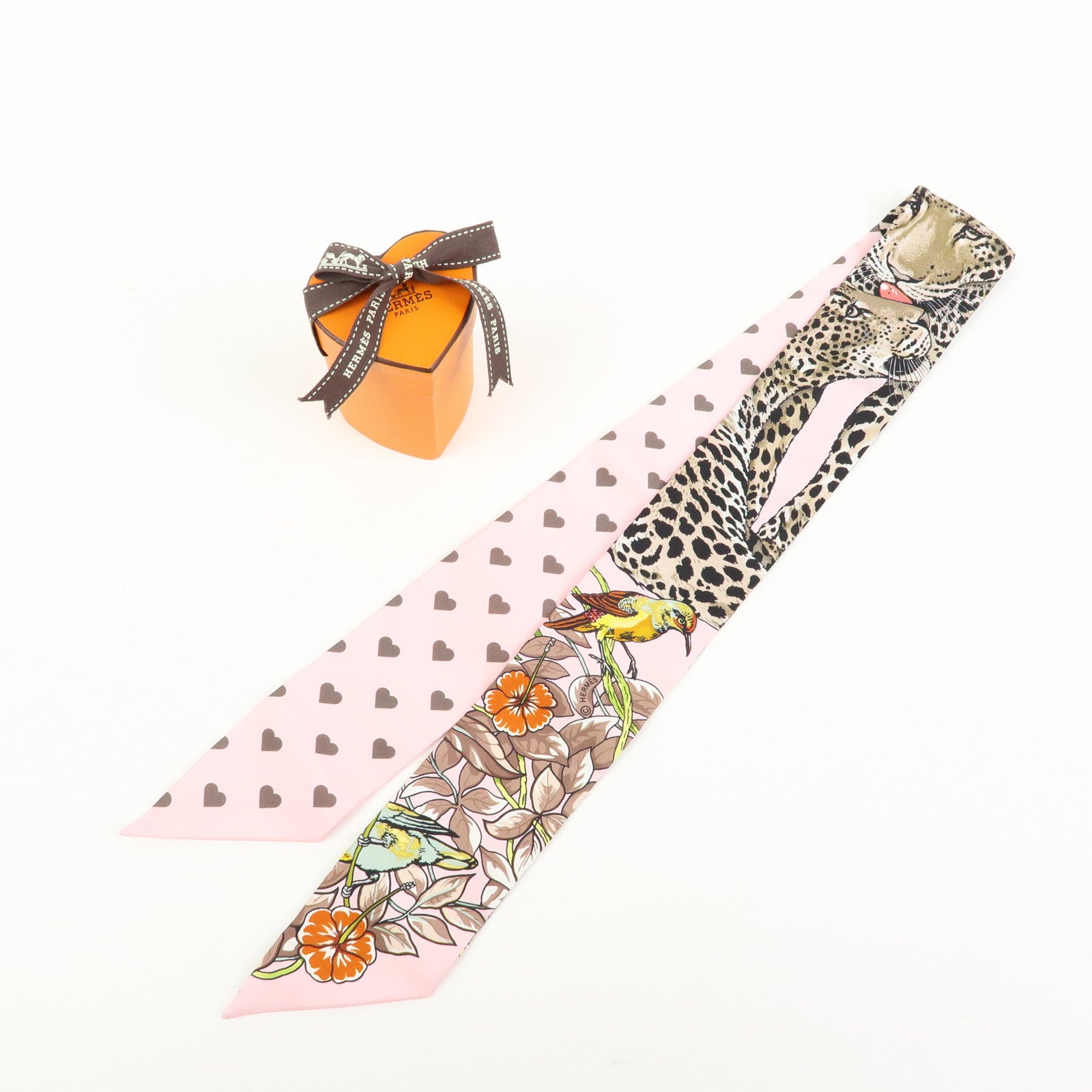 HERMES Twilly Silk 100% Scarf Jungle Love Love Pink Beige