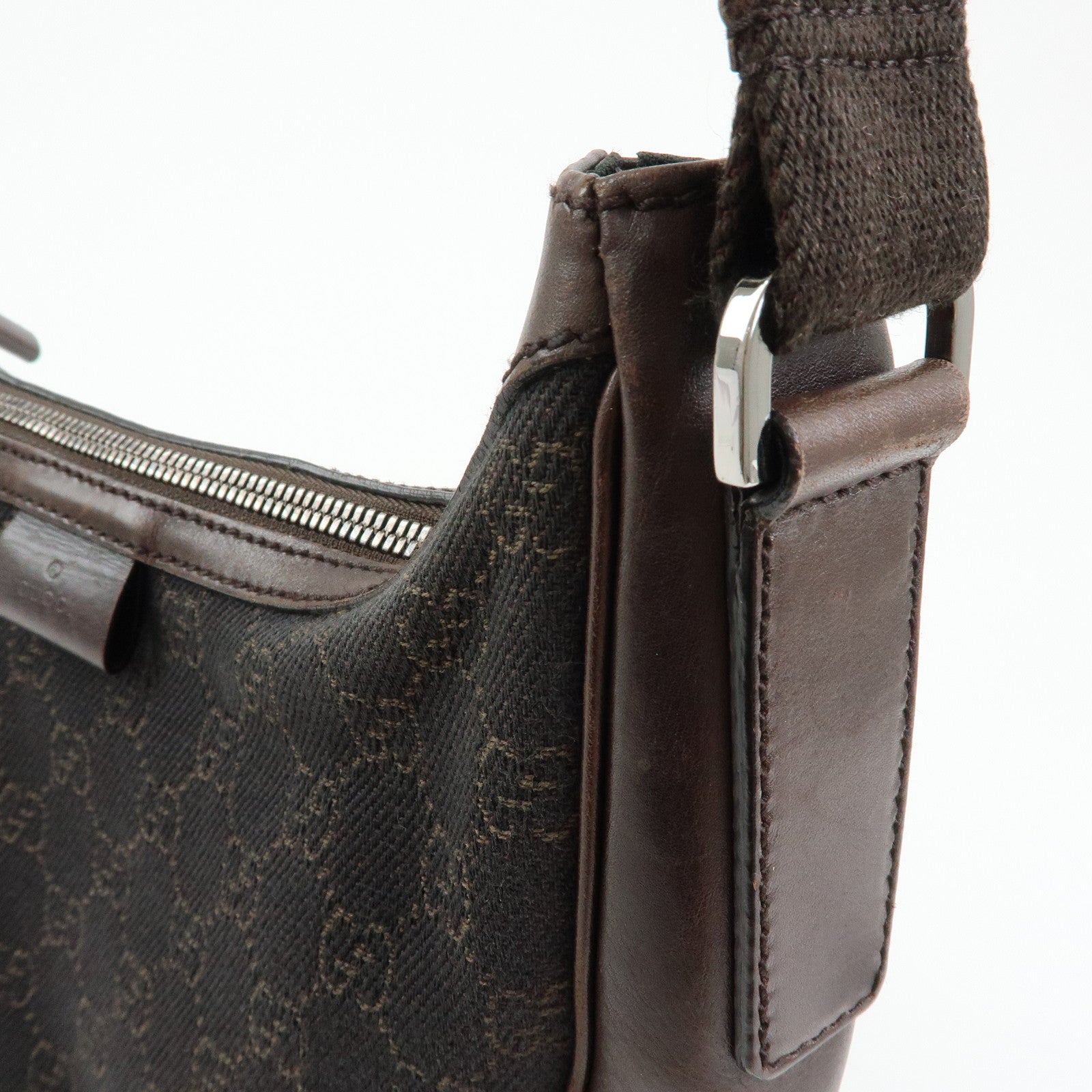 GUCCI GG Denim Leather Half Moon Shoulder Bag Dark Brown 101682