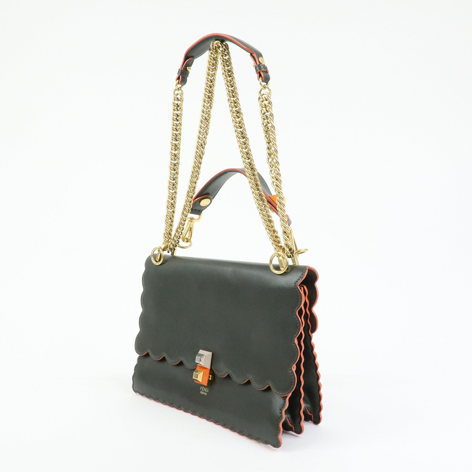 FENDI KAN I Leather 2Way Bag Chain Shoulder Bag Green Orange 8BT283