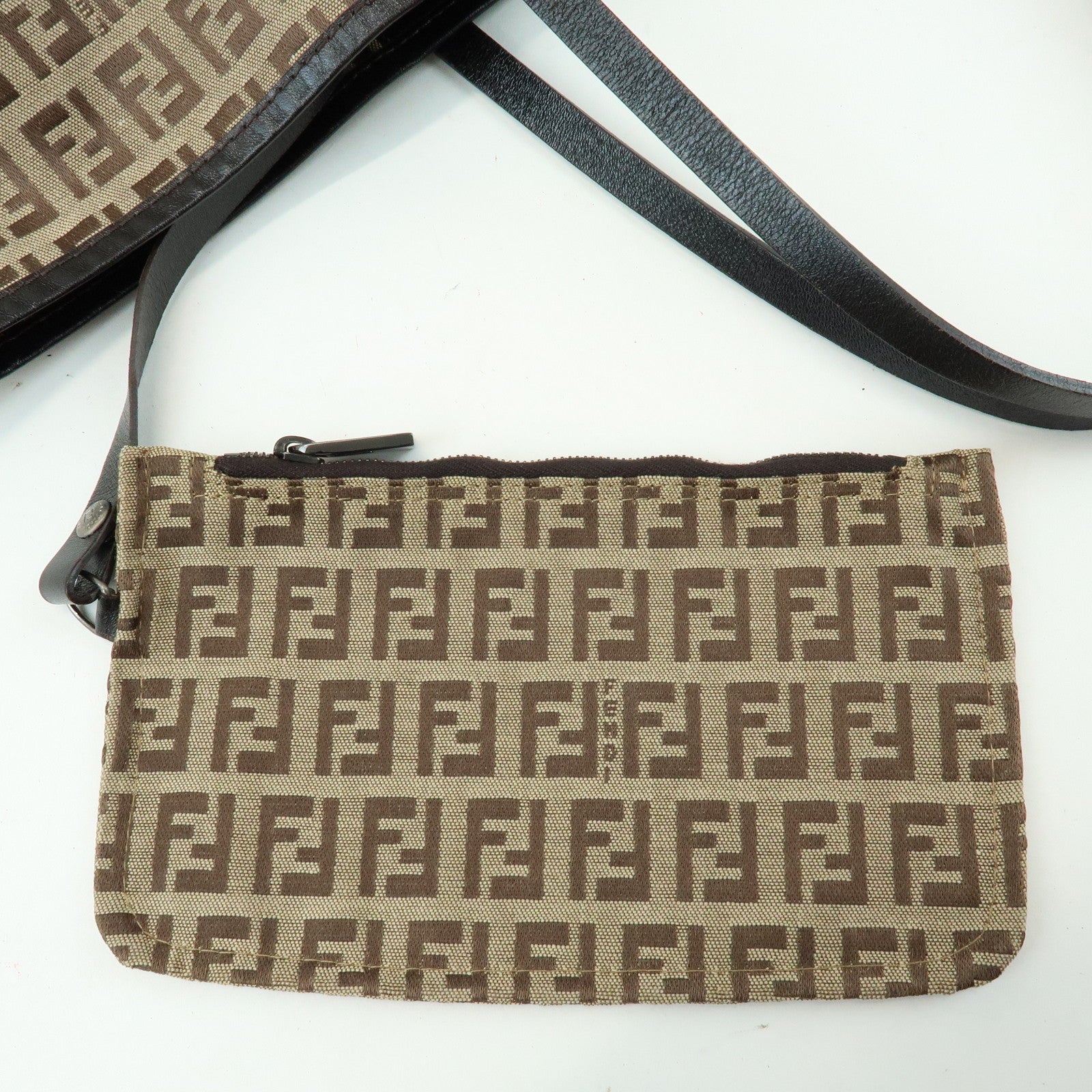 FENDI Zucchino Canvas Leather Tote Bag Shoulder Bag Brown