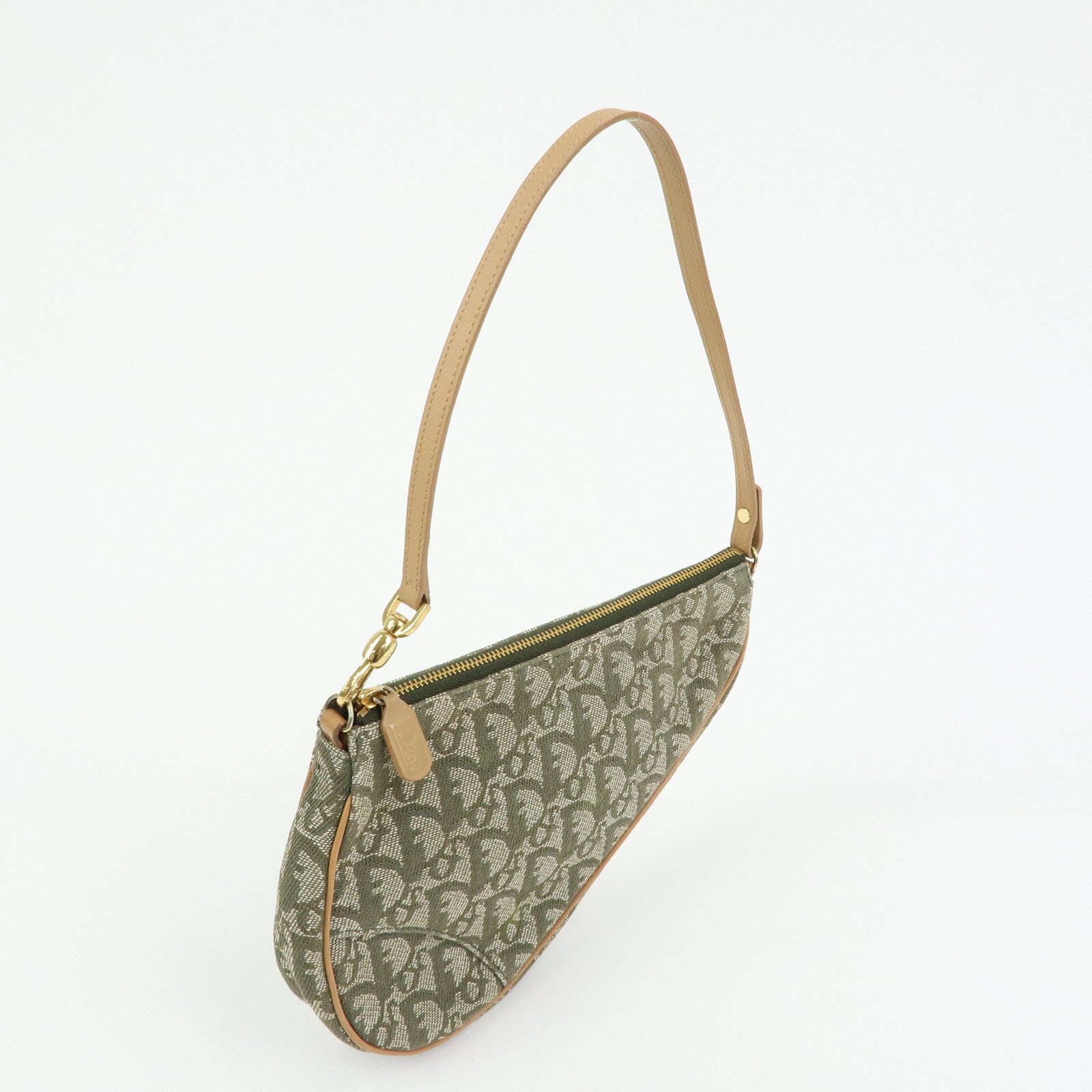 Christian Dior Trotter Saddle Jacquard Canvas Hand Bag Green Beige
