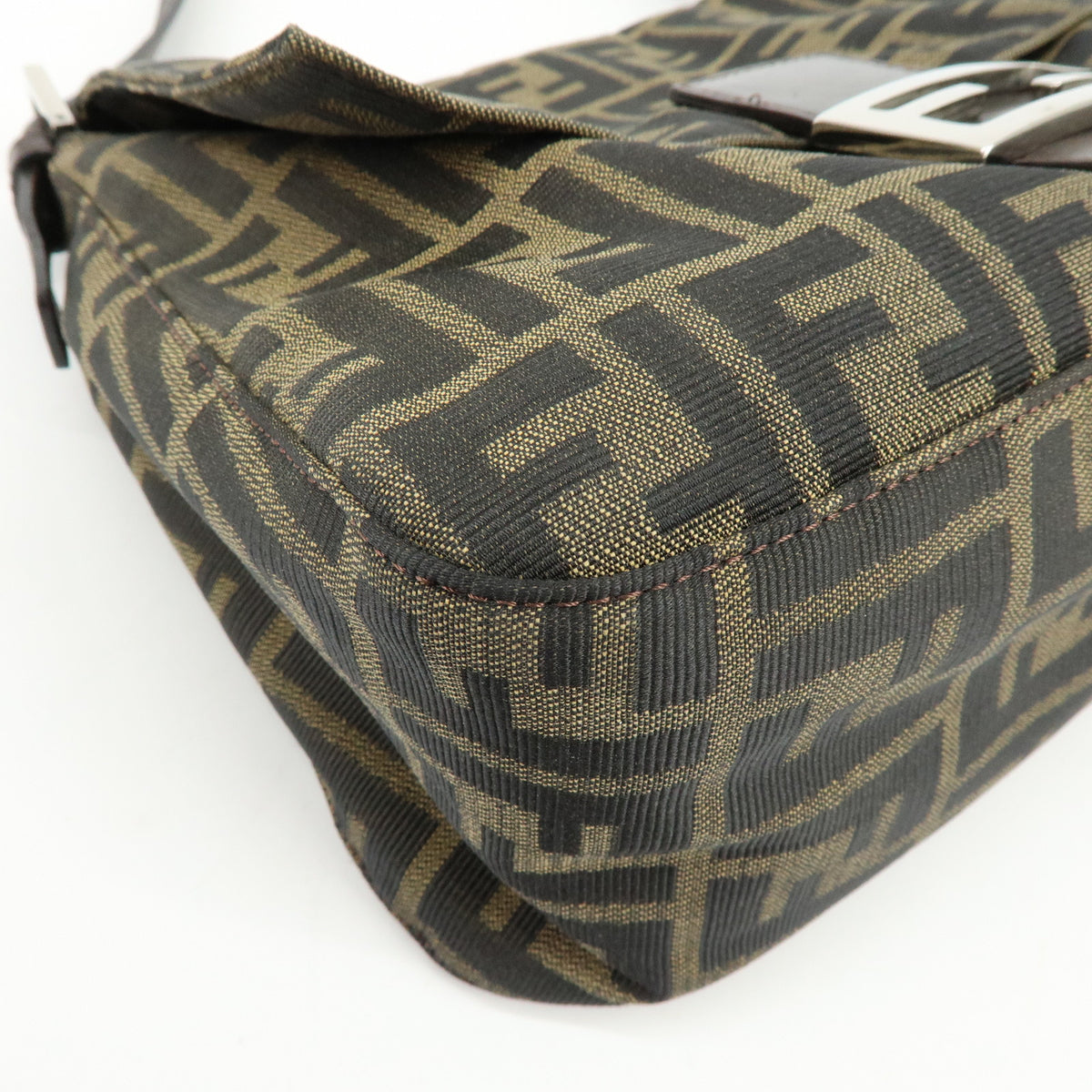 FENDI Mamma Baguette Jacquard Canvas Leather Shoulder Bag Brown 26325