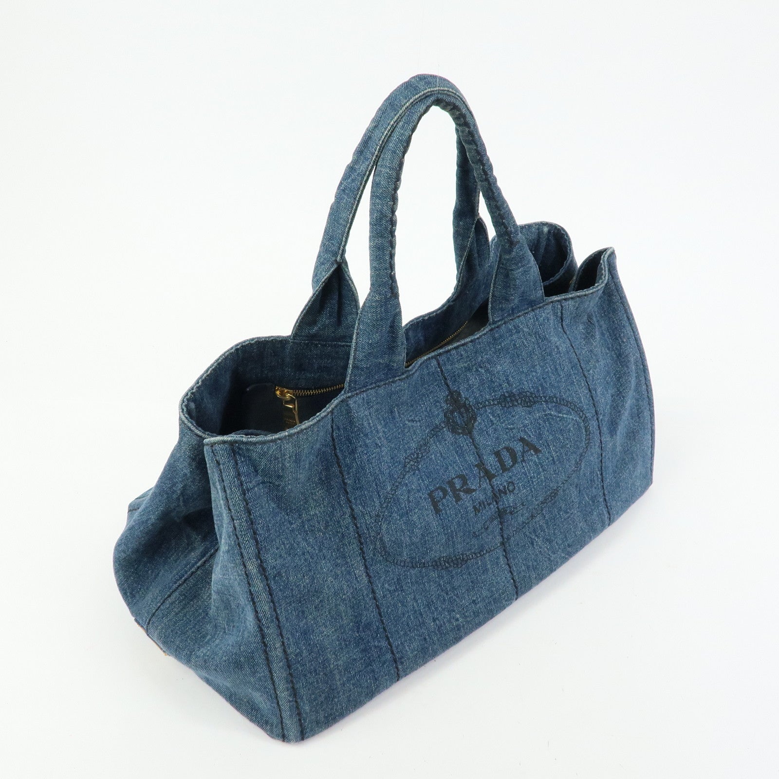 PRADA Triangle Logo Canapa Large Denim Tote Bag Hand Bag B1872B