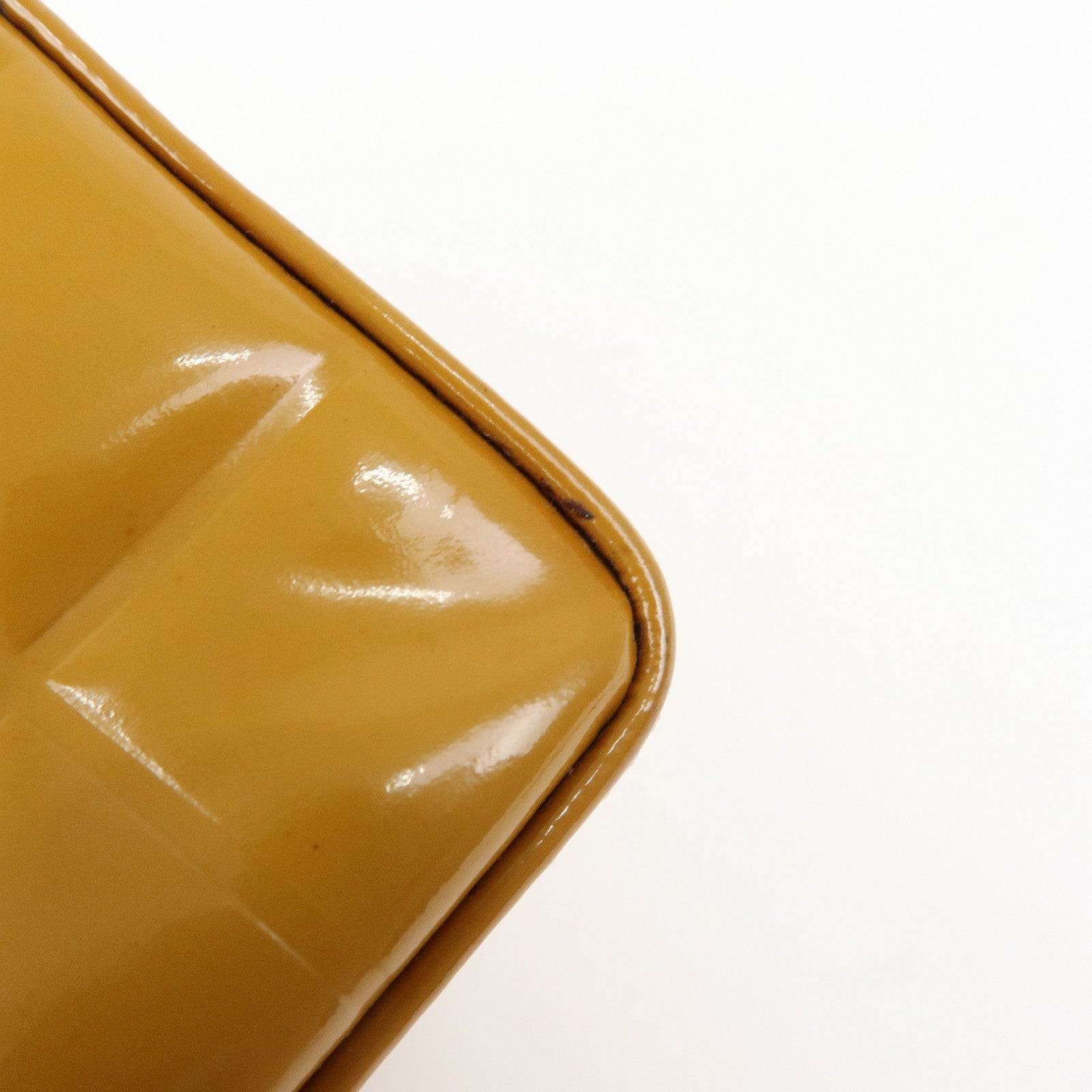 CHANEL Chocolate Bar COCO Mark Patent Leather Boston Bag Hand Bag Camel