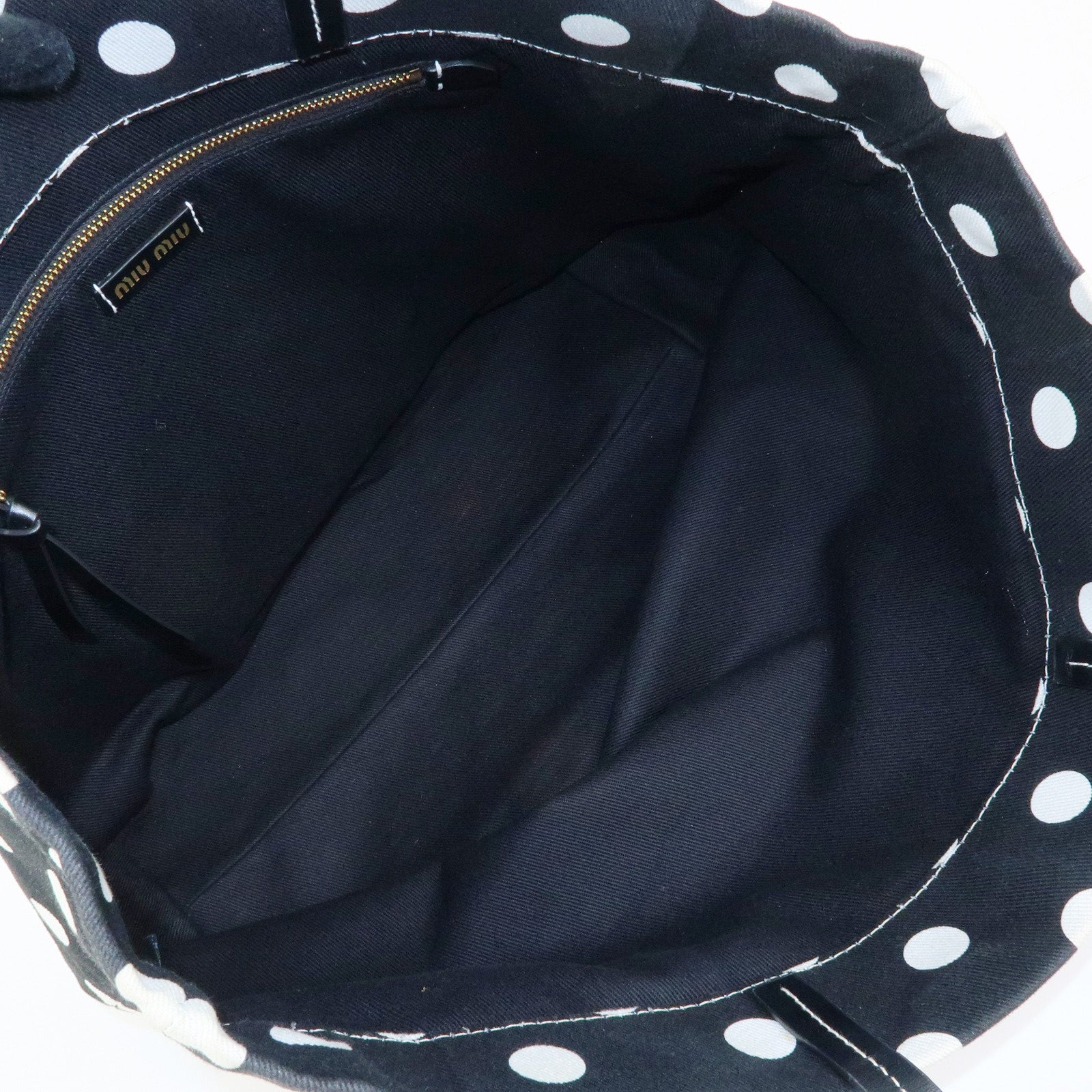 MIU MIU Logo Canvas Leather Polka Dots Tote Shoulder Bag Black 5BG234