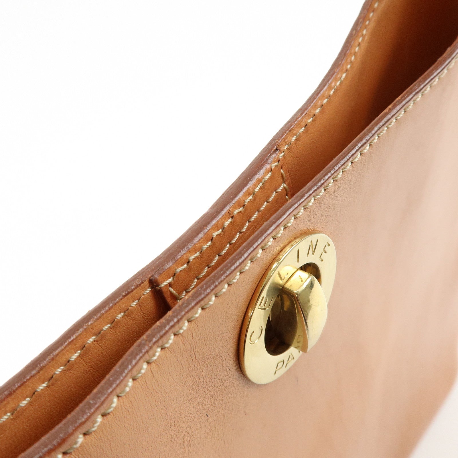 CELINE Logo Leather Turn Lock Shoulder Bag Hand Bag Light Brown