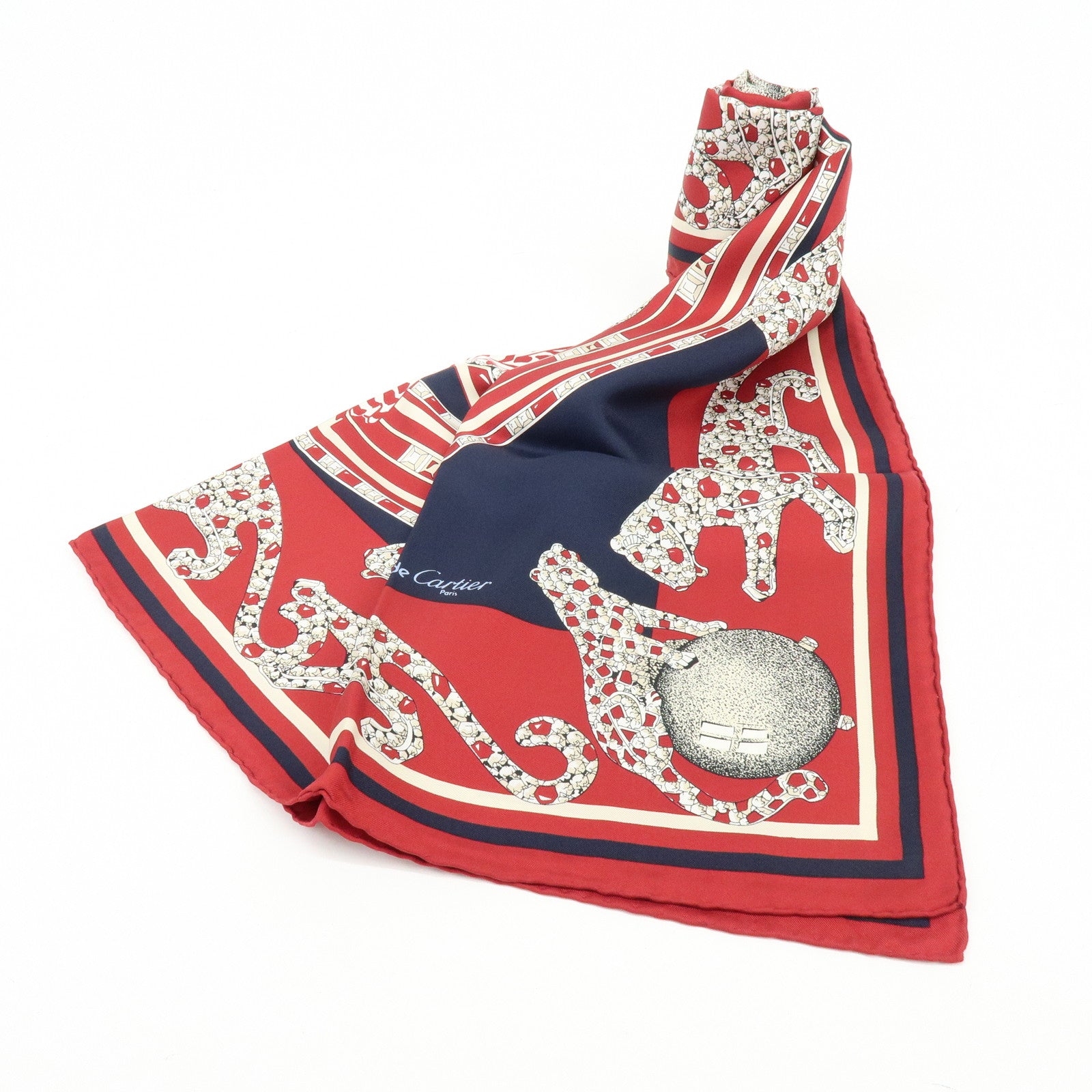 Cartier Must de Cartier Silk 100% Tiger Print Scarf Showl Red Navy