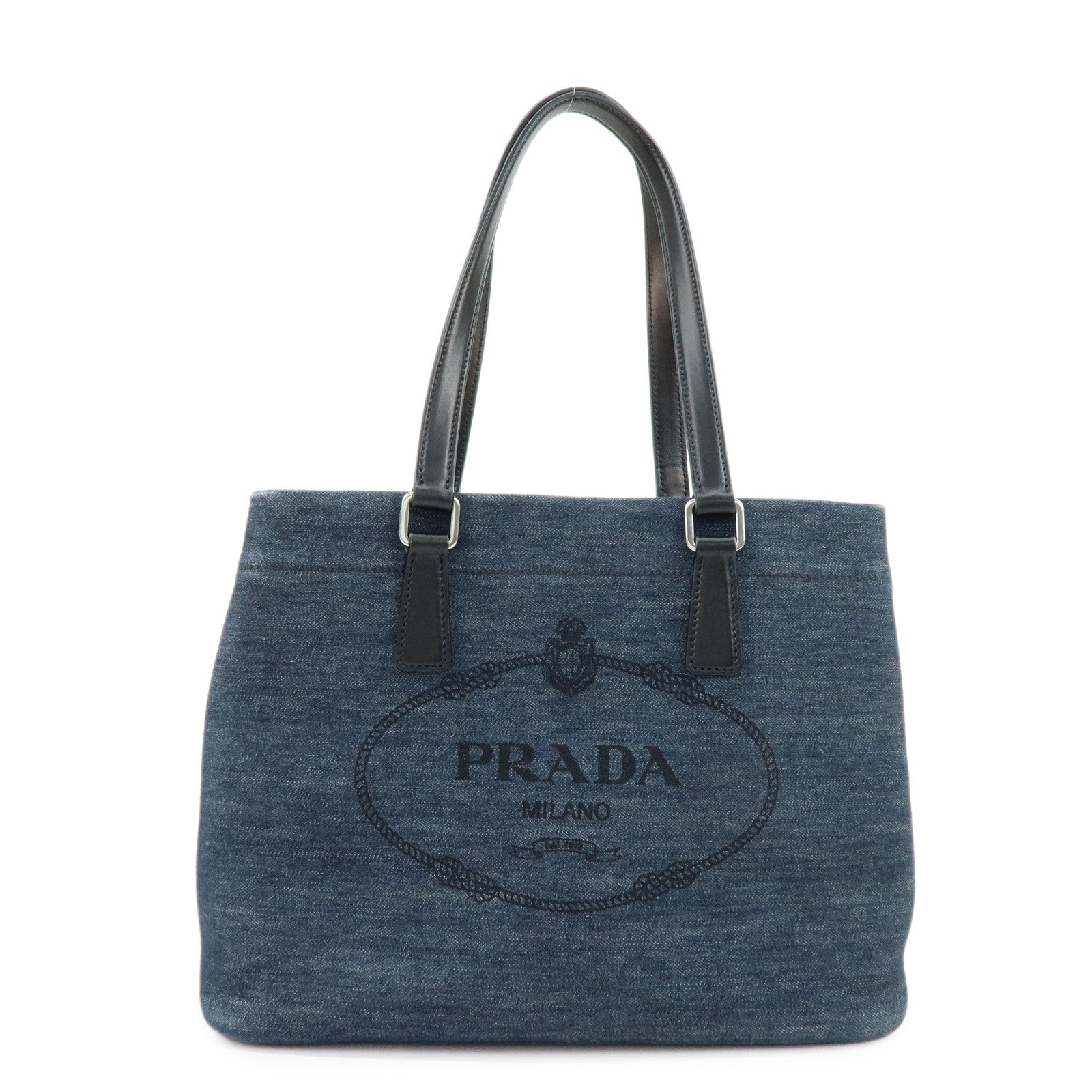 PRADA Logo Denim Leather Tote Bag Shoulder Hand Bag Navy Black 1BG356