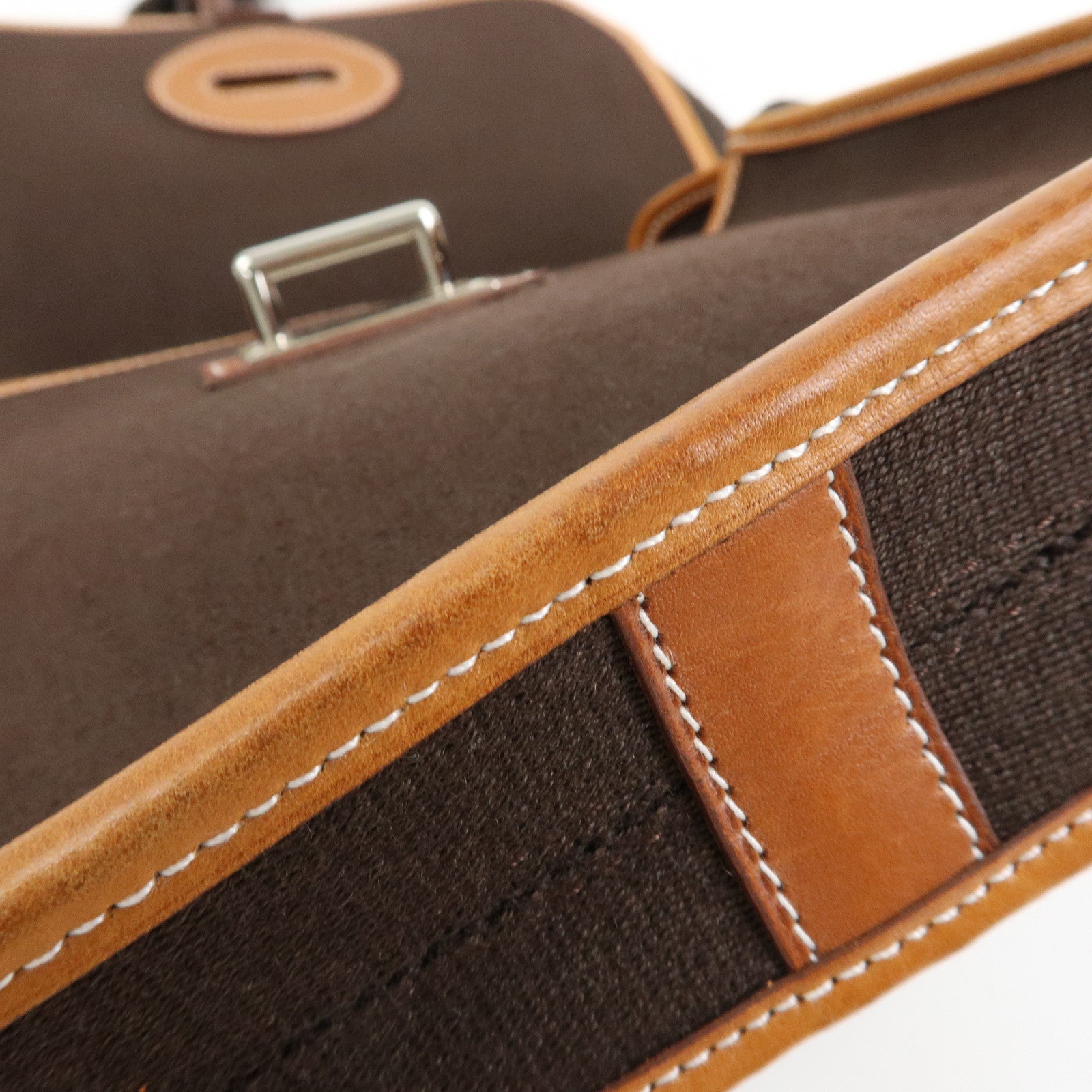HERMES Buenaventura PM Toile Officier Leather Shoulder Bag Dark Brown
