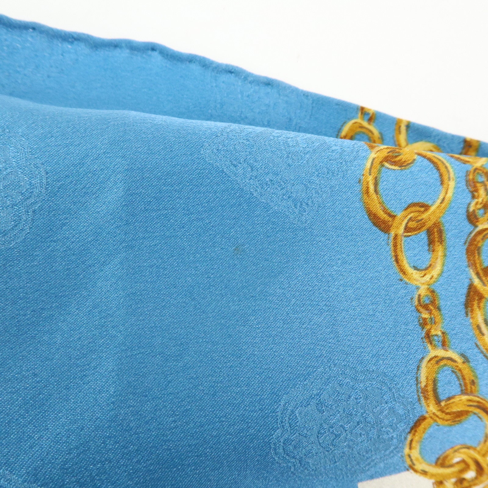 CHANEL Silk 100% Scarf  Gold Chain Motif Light Blue White
