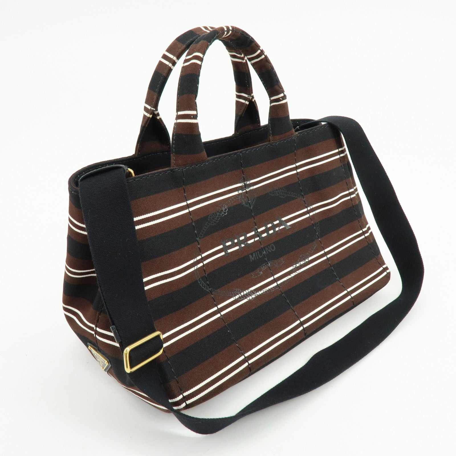PRADA Canapa Triangle Logo Canvas 2Way Bag Hand Bag Striped B2642B