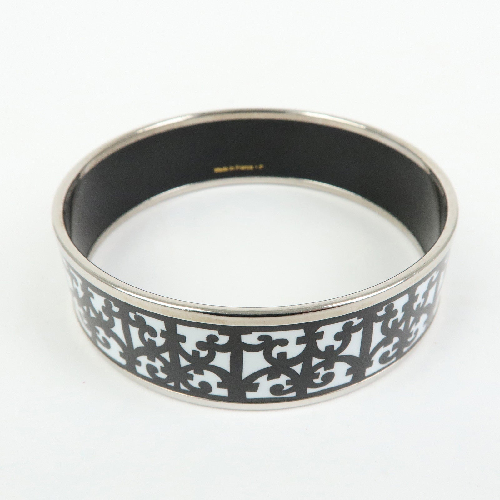 HERMES Email GM Silver Plated Guadalquivir Bangle Bracelet White Black