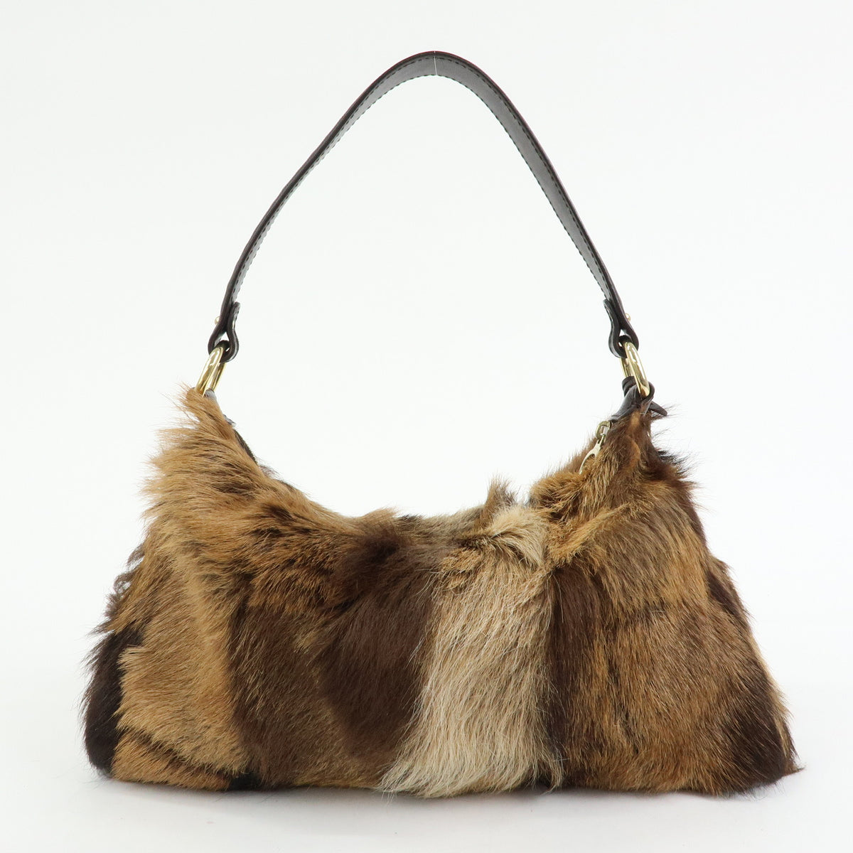 FENDI Fur Leather Shoulder Bag Hand Bag Brown 8BR349