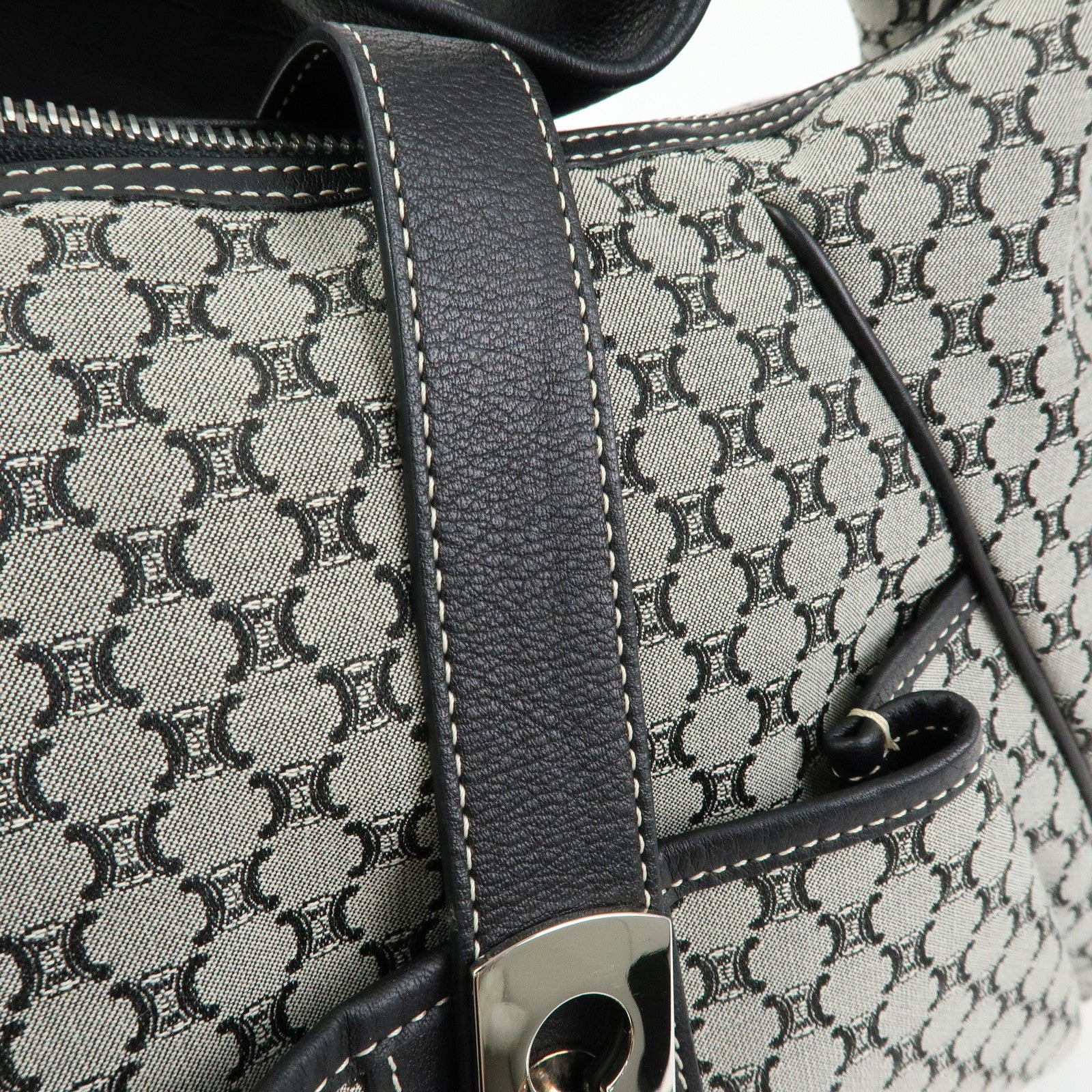 CELINE Macadam Canvas Leather Shoulder Bag Grey Black Silver