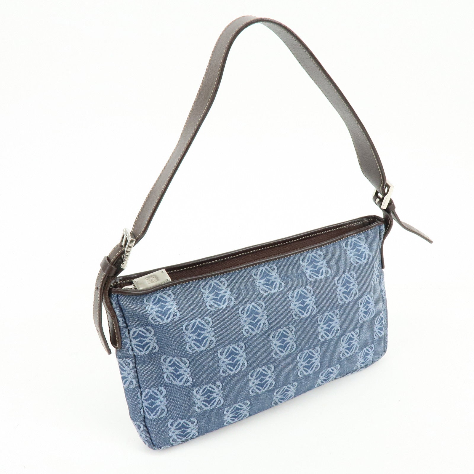 LOEWE Repeat Anagram Denim Leather Shoulder Bag Denim Brown