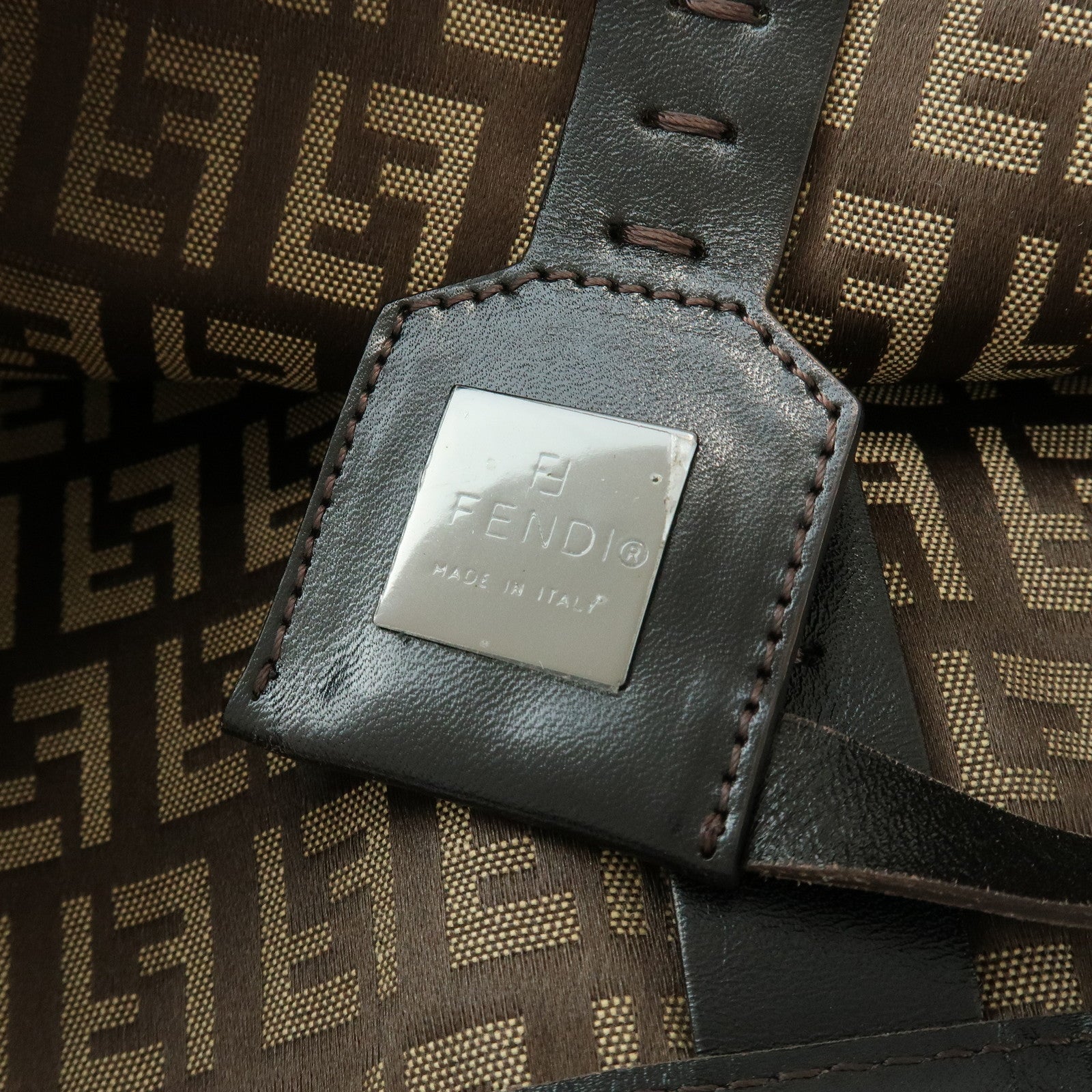 FENDI Zucchino Canvas Leather Tote Bag Shoulder Bag Brown