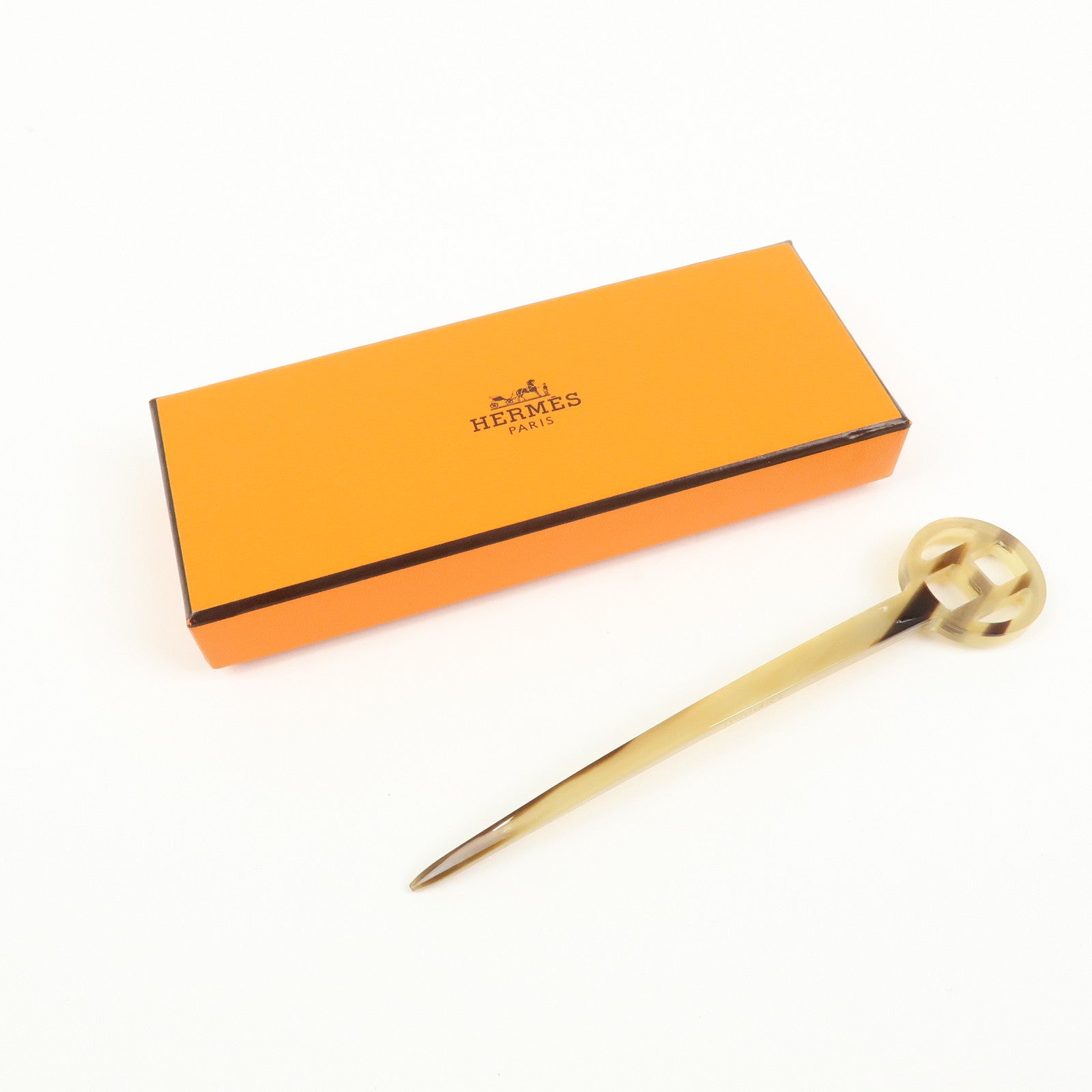 Hermes Rocaille Buffalo Horn Hair Stick Pin H Logo Beige Brown
