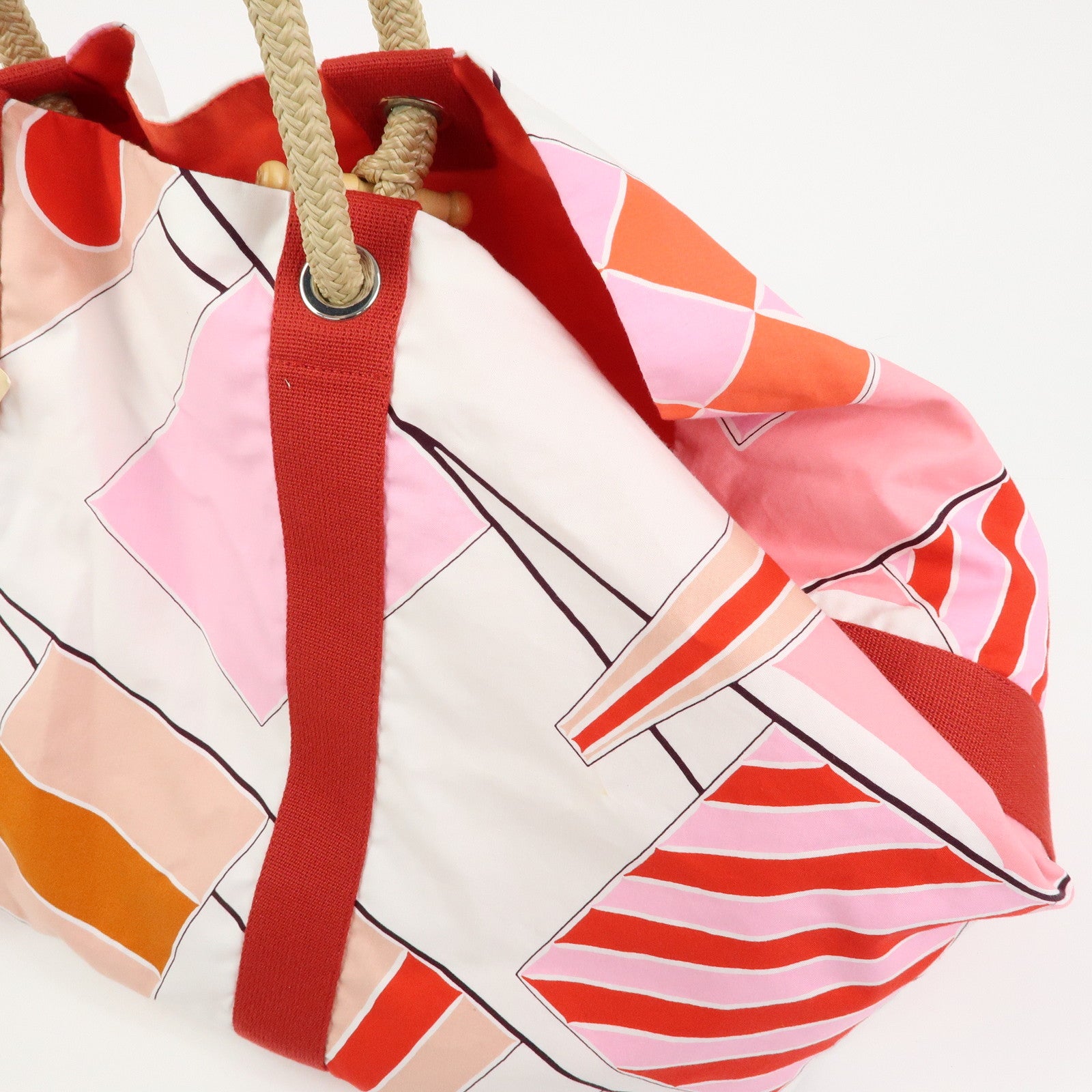 HERMES Cabas Drapeaux Au Vent Cotton Beach Bag Tote Bag Pink Red White
