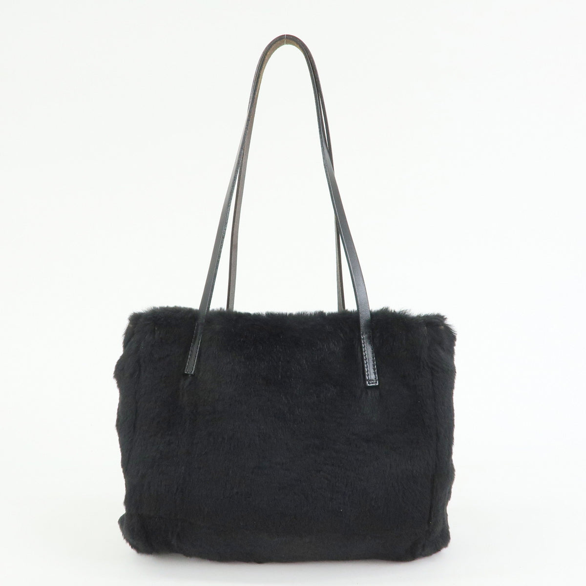 FENDI FF Logo Lapin Rabbit Fur Leather Shoulder Tote Bag Black 16001