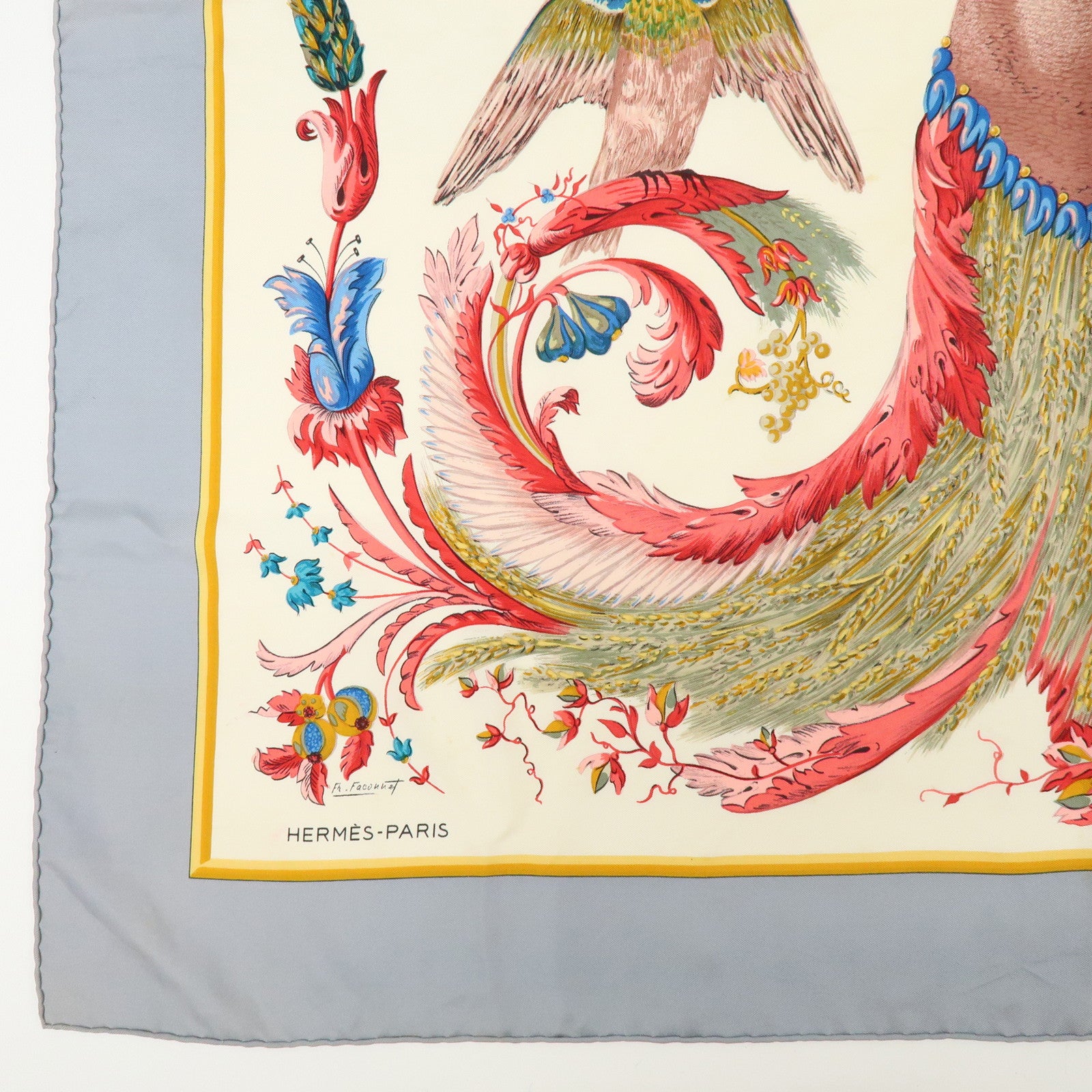 HERMES Carre 90 Silk 100% Scarf CERES Gray Red