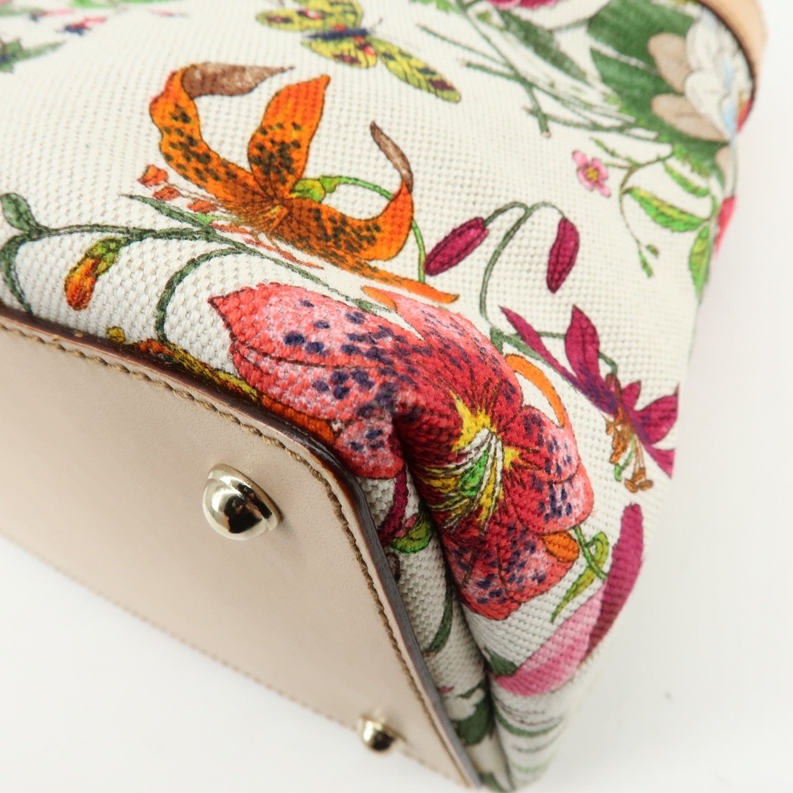 GUCCI Bamboo Flora Canvas Leather Hand Bag Multicolor Beige 137395